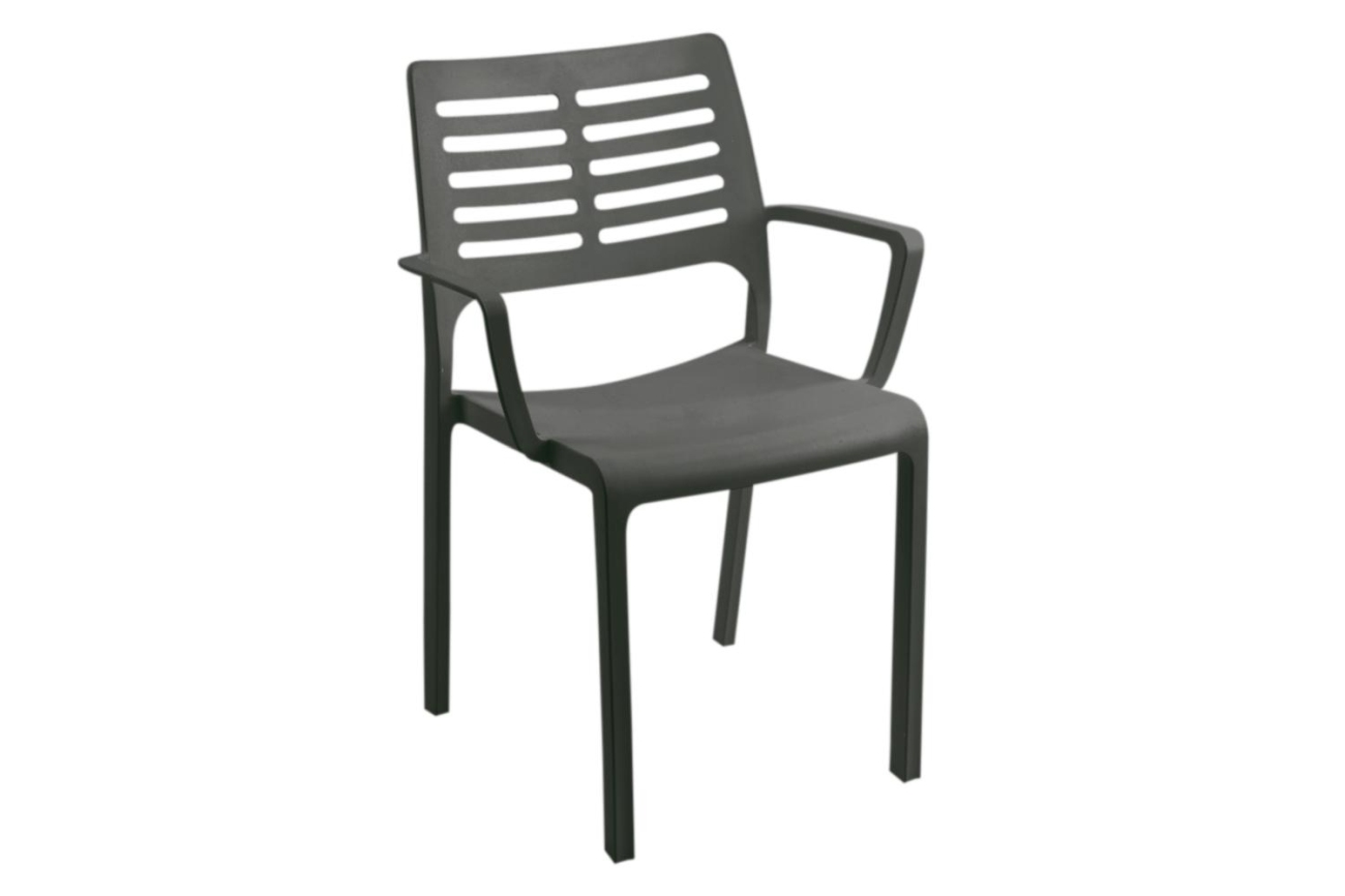 Der Gartenstuhl Alisei überzeugt mit seinem modernen Design. Gefertigt wurde er aus Kunststoff, welches einen Anthrazit Farbton besitzt. Das Gestell ist aus Metall und  hat eine schwarze Farbe. Die Sitzhöhe des Sessels beträgt 45 cm.