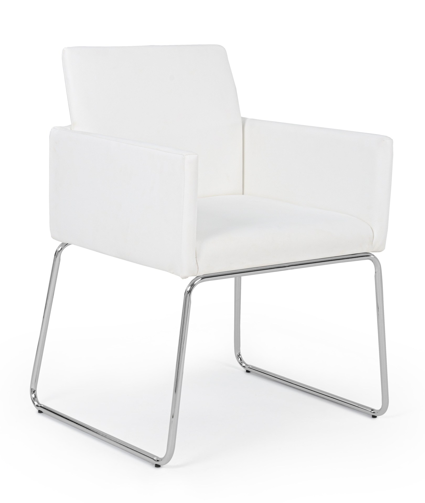 Der Esszimmerstuhl Sixty überzeugt mit seinem modernem Design. Gefertigt wurde der Stuhl aus Kunststoff-Bezug welcher einen weißen Farbton besitzt. Das Gestell ist aus Metall und ist Silber. Die Sitzhöhe beträgt 48 cm.