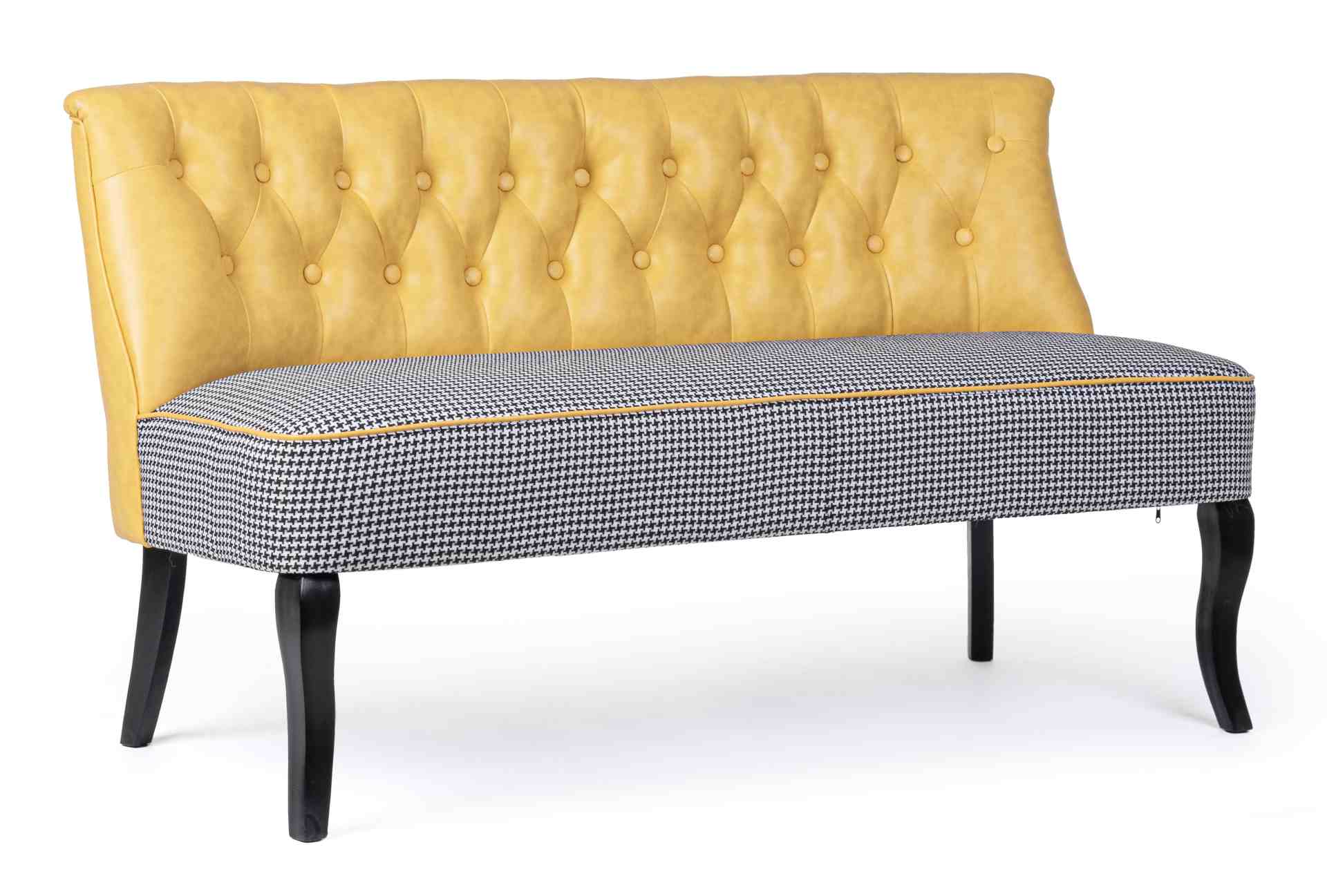 Das Sofa Batilda überzeugt mit seinem klassischen Design. Gefertigt wurde es aus Kunstleder, welches einen gelben Farbton besitzt. Das Gestell ist aus Kiefernholz und hat eine schwarze Farbe. Das Sofa ist in der Ausführung als 2-Sitzer. Die Breite beträgt