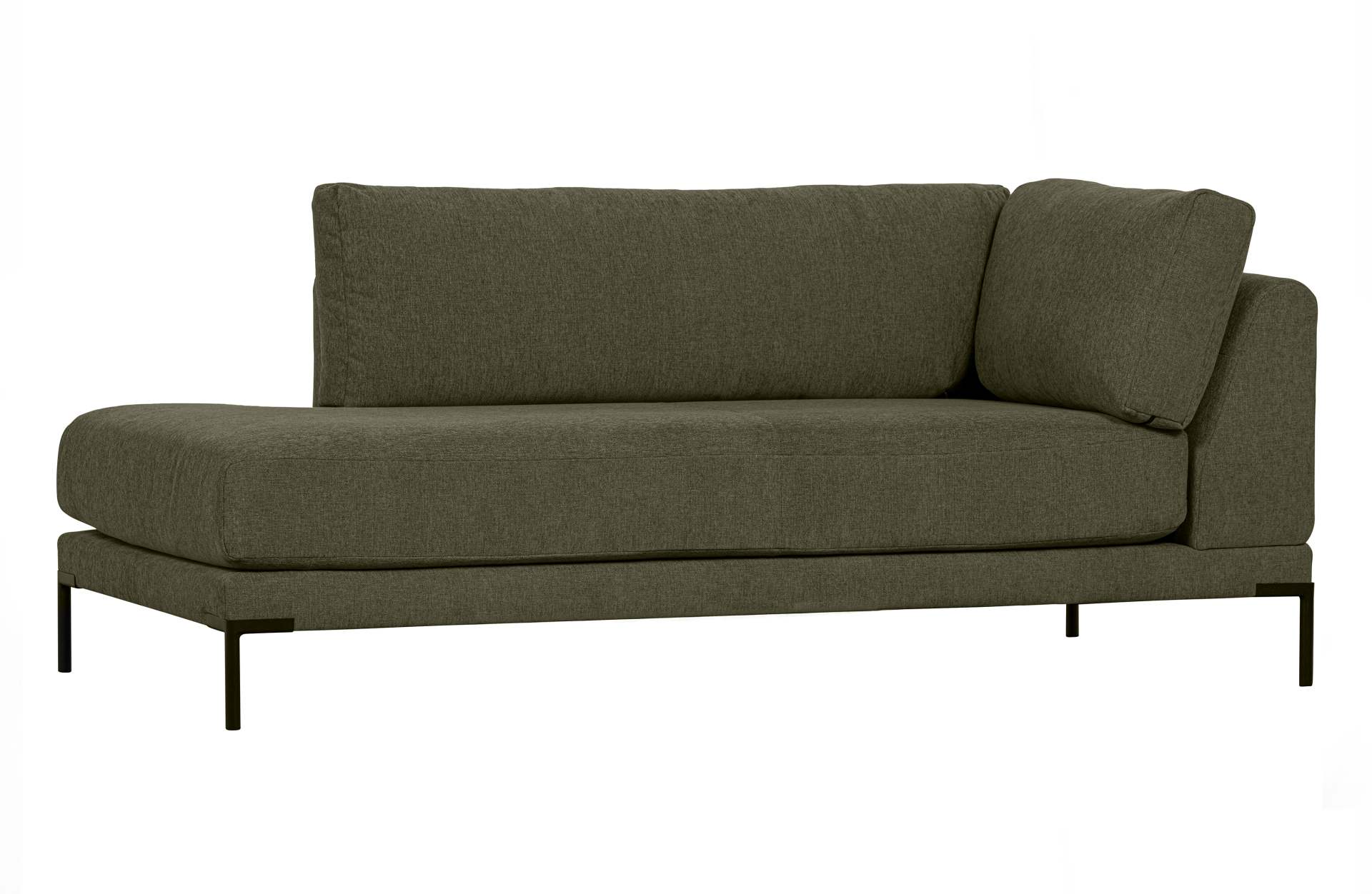 Das Modulsofa Couple Lounge überzeugt mit seinem modernen Design. Das Lounge Element mit der Ausführung Links wurde aus Melange Stoff gefertigt, welcher einen einen grünen Farbton besitzen. Das Gestell ist aus Metall und hat eine schwarze Farbe. Das Eleme