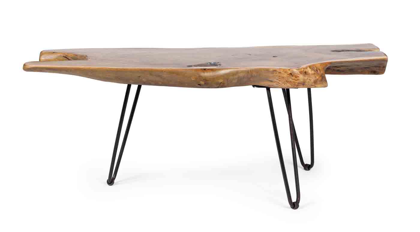 Stilvoller Couchtisch Adanya besitzt eine Tischplatte aus Teakholz. Durch die Verwendung der Naturmaterialien ist jeder Tisch individuell.