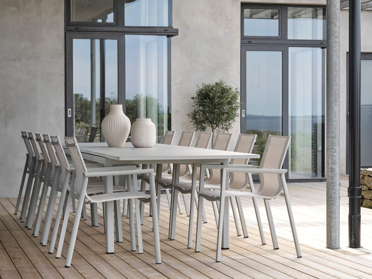 Gartenstuhl Delia aus Textilene, Hellgrau / Off-White