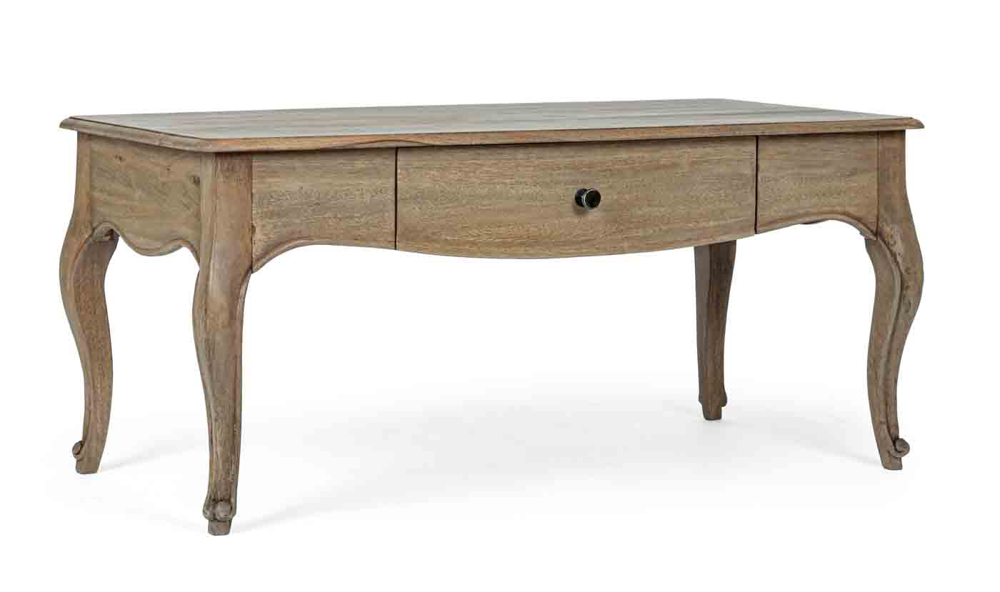 Der Beistelltisch Domitille wurde aus Mangoholz hergestellt. Der Tisch verfügt über eine Schublade für ausreichend Stauraum.