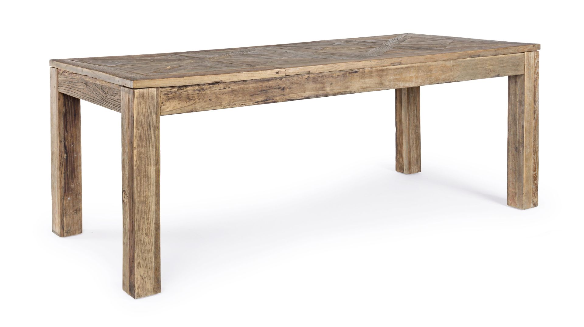 Der Esstisch Kaily überzeugt mit seinem klassischem Design gefertigt wurde er aus recyceltem Ulmenholz, welches einen natürlichen Farbton besitzt. Das Gestell des Tisches ist auch aus massivem Ulmenholz. Der Tisch besitzt eine Breite von 200 cm.