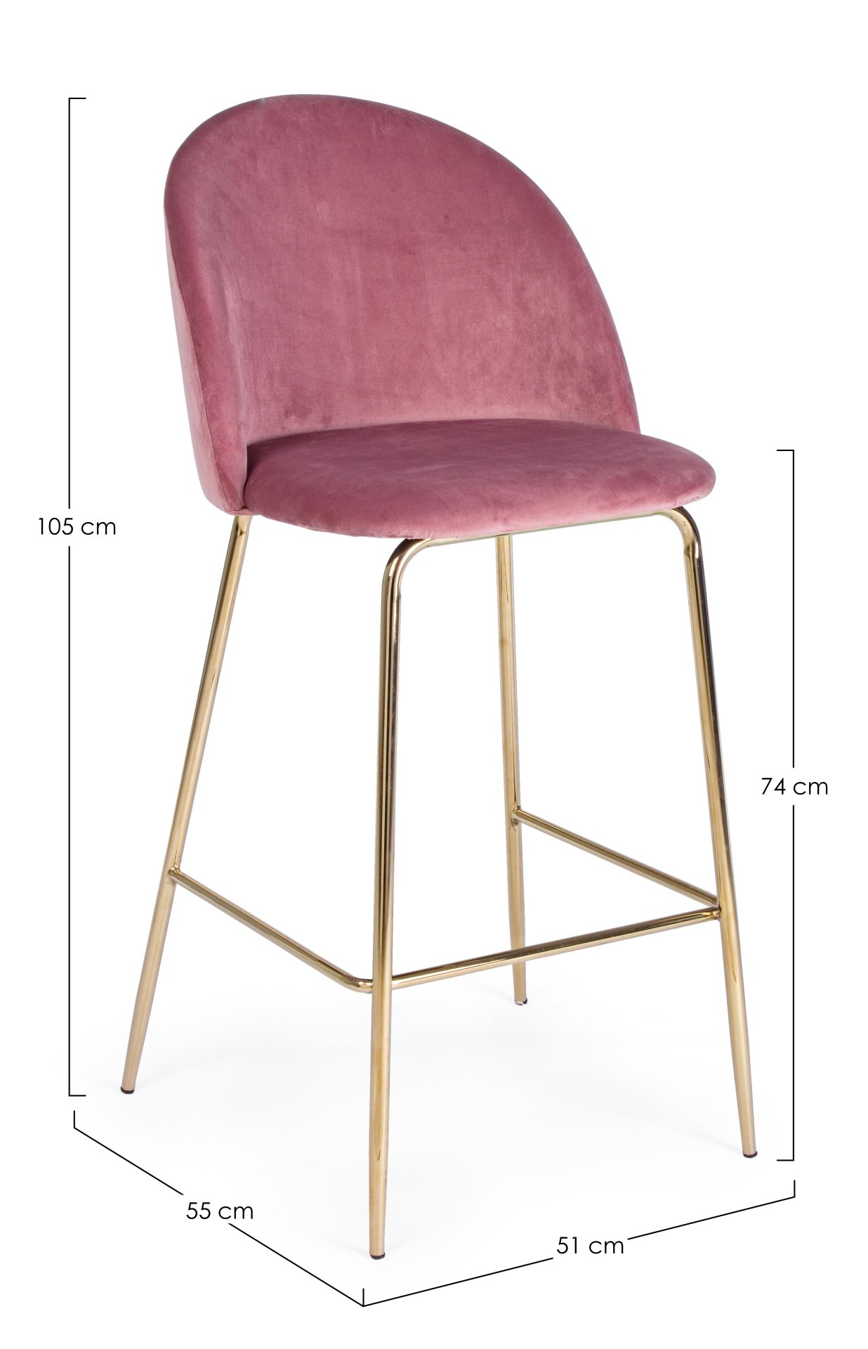 Der Barhocker Carry überzeugt mit seinem moderndem Design. Gefertigt wurde er aus Samt, welches einen rosa Farbton besitzt. Das Gestell ist aus Metall und hat eine goldene Farbe. Die Sitzhöhe des Hockers beträgt 74 cm.