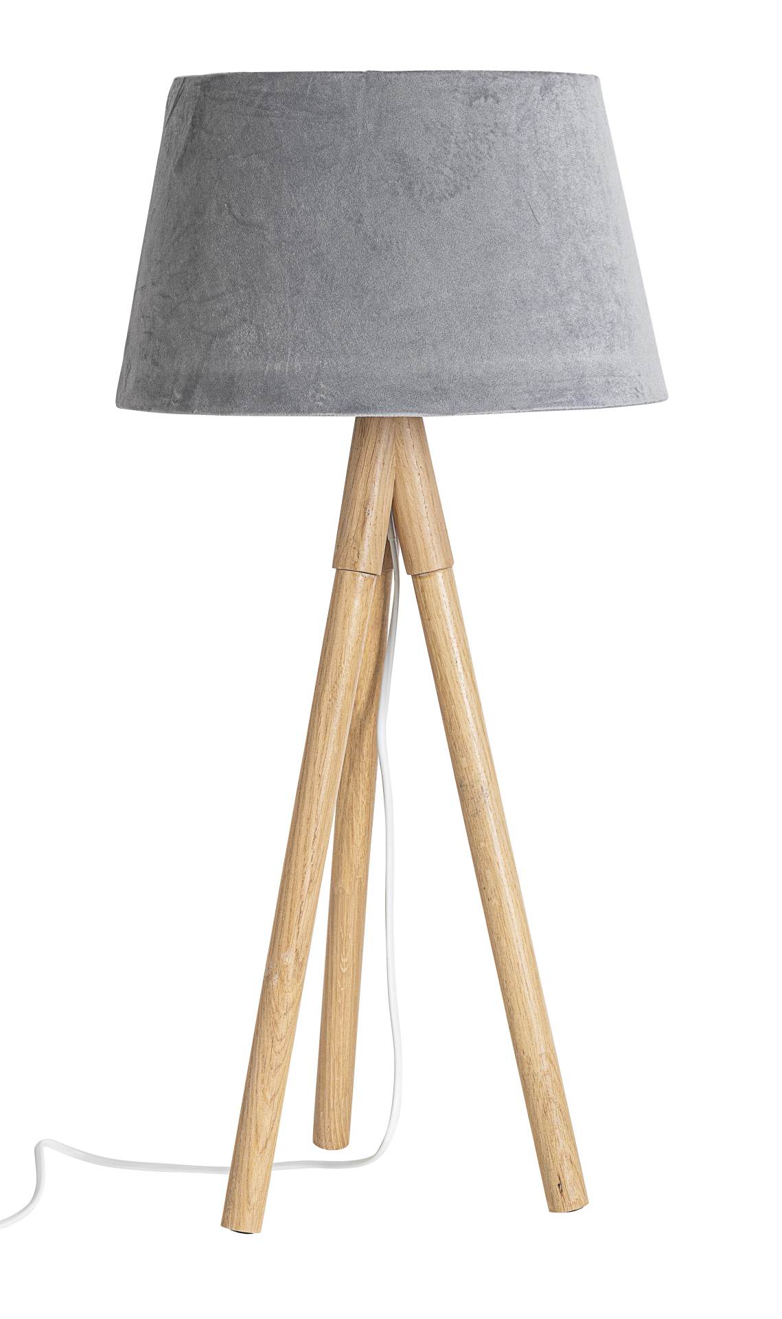 Die Tischleuchte Wallas überzeugt mit ihrem klassischen Design. Gefertigt wurde sie aus Tannenholz, welches einen natürlichen Farbton besitzt. Der Lampenschirm ist aus Samt und hat eine graue Farbe. Die Lampe besitzt eine Höhe von 69 cm.