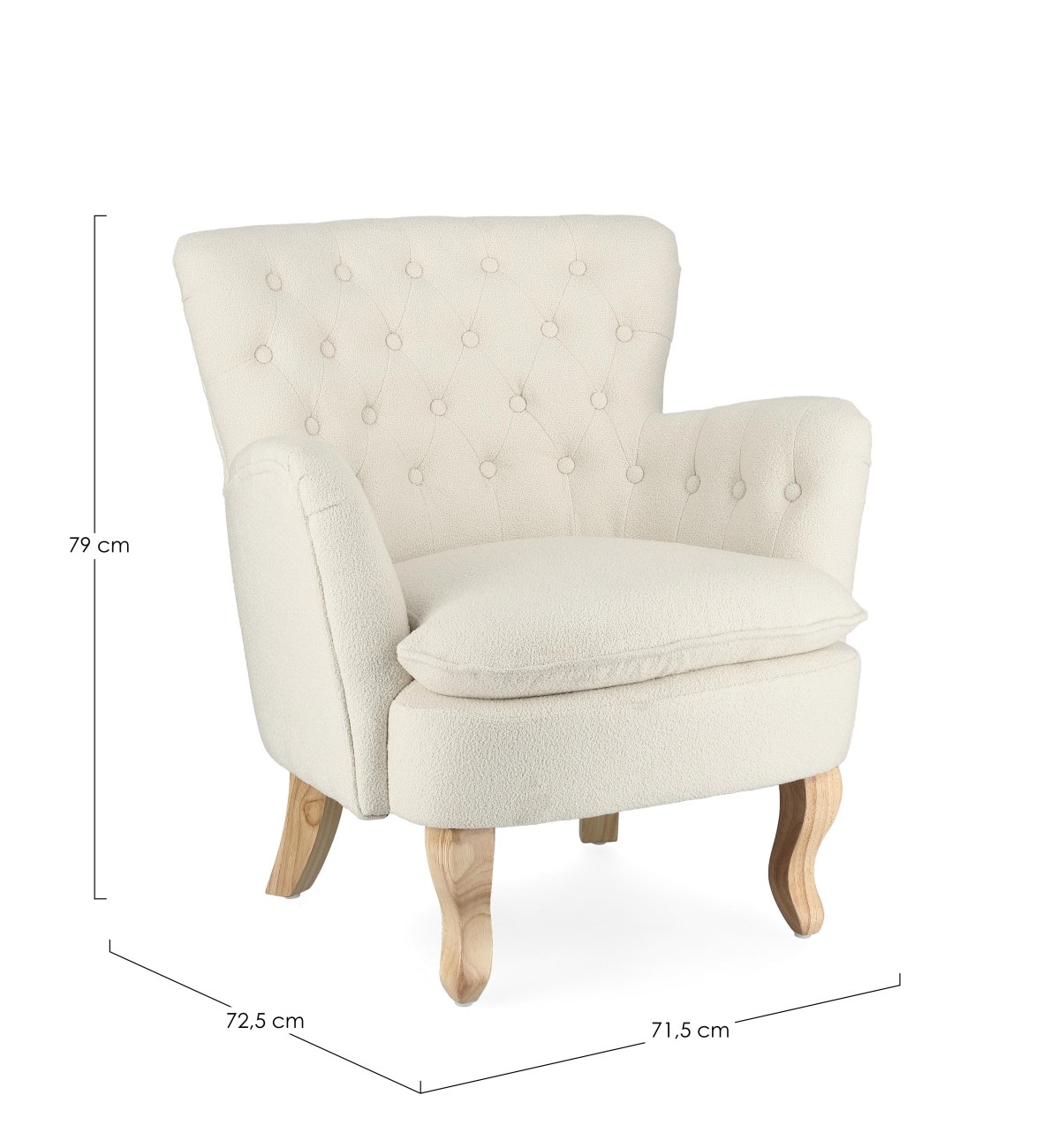 Der Sessel Orlins überzeugt mit seinem modernen Stil. Gefertigt wurde er aus Bouclè-Stoff, welcher einen Creme Farbton besitzt. Das Gestell ist aus Kiefernholz und hat eine natürliche Farbe. Der Sessel verfügt über eine Armlehne.
