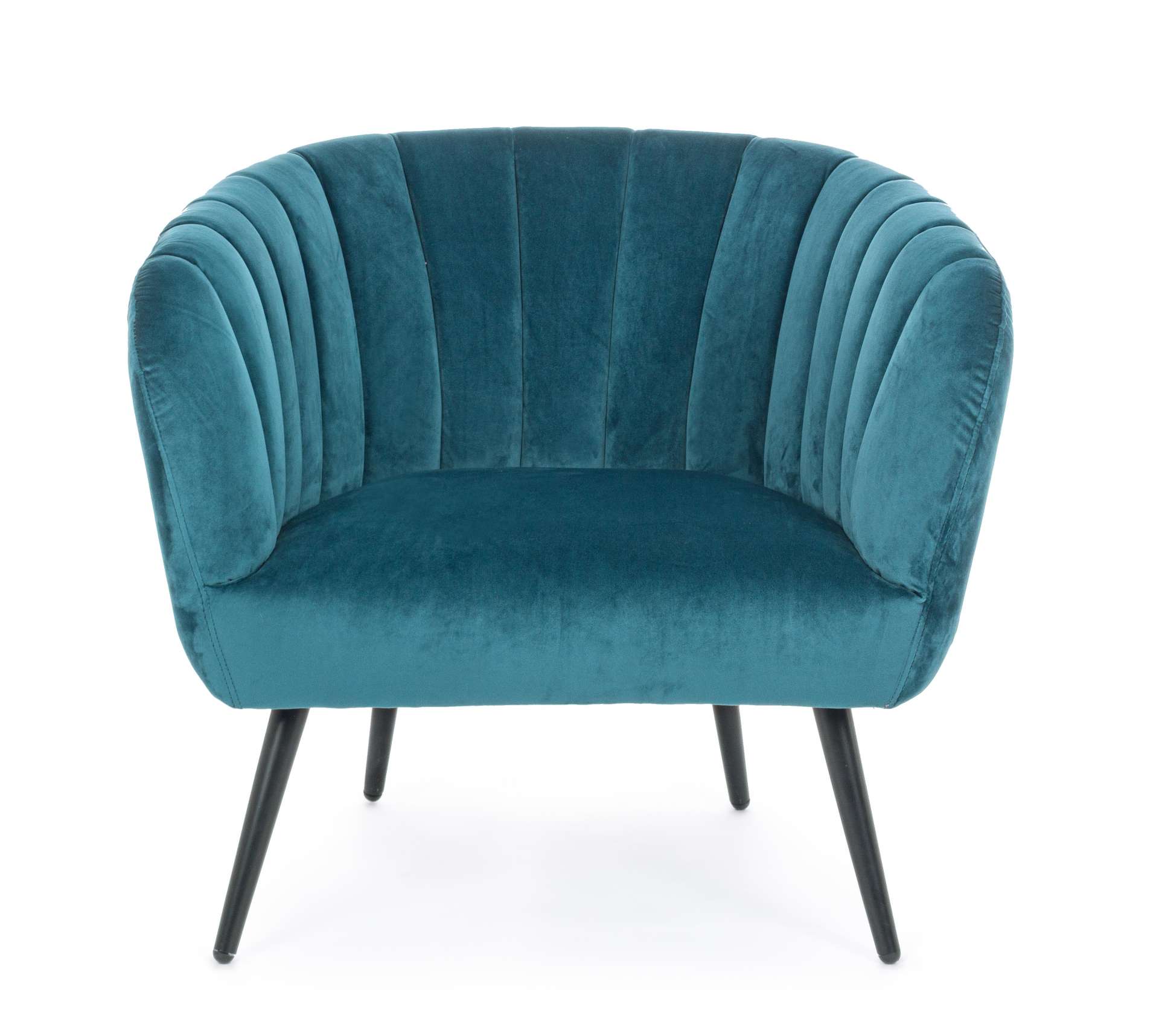 Der Sessel Avril überzeugt mit seinem modernen Design. Gefertigt wurde er aus Stoff in Samt-Optik, welcher einen blauen Farbton besitzt. Das Gestell ist aus Metall und hat eine schwarze Farbe. Der Sessel besitzt eine Sitzhöhe von 43 cm. Die Breite beträgt