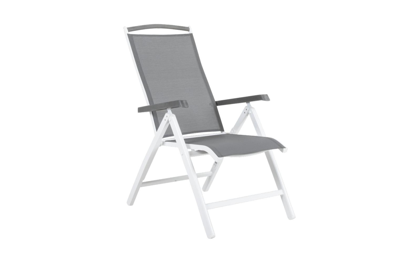 Der Gartenstuhl Andy überzeugt mit seinem modernen Design. Gefertigt wurde er aus Textilene, welches einen grauen Farbton besitzt. Das Gestell ist aus Metall und hat eine weiße Farbe. Die Sitzhöhe des Sessels beträgt 44 cm.