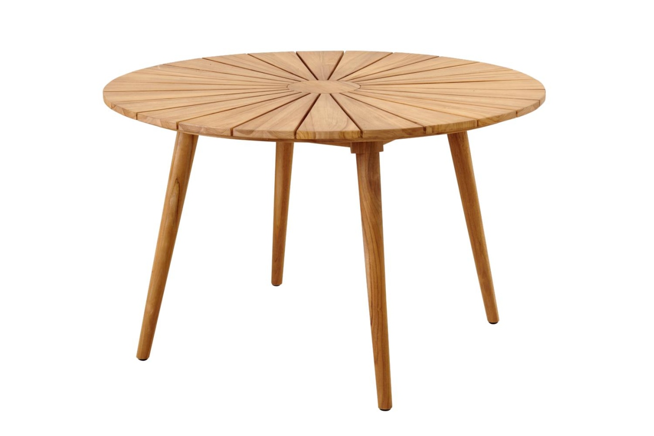 Der Gartenesstisch Parga überzeugt mit seinem modernen Design. Gefertigt wurde die Tischplatte aus Teakholz und hat einen natürlichen Farbton. Das Gestell ist auch aus Teakholz und hat eine natürliche Farbe. Der Tisch besitzt einen Durchmesser von 120 cm.