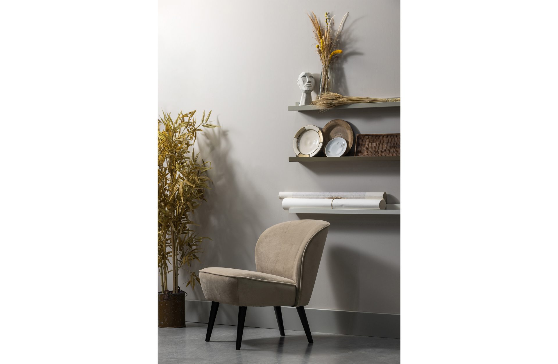 Der Sessel Sara überzeugt mit seinem modernem Design. Gefertigt wurde er aus Samt, welcher einen Hellbraunen Farbton besitzt. Das Gestell ist aus Holz und ist Schwarz.