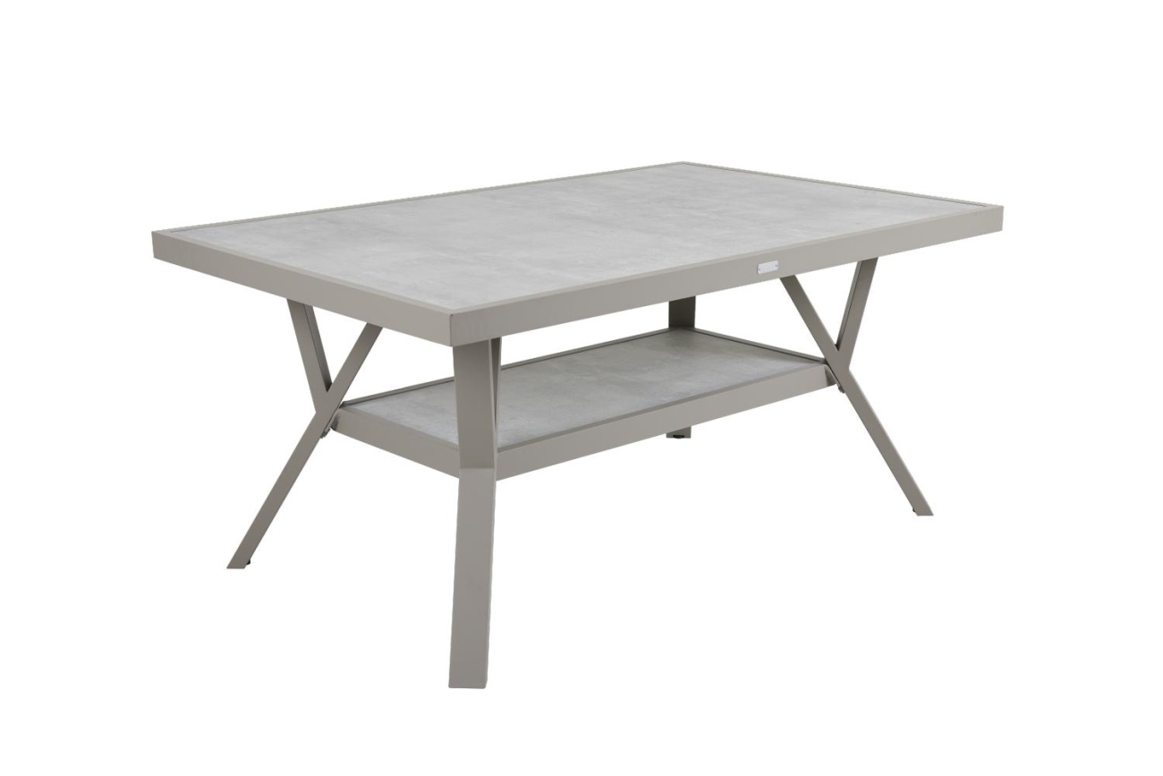 Der Gartentisch Samvaro überzeugt mit seinem modernen Design. Gefertigt wurde die Tischplatte aus Granit und hat einen hellgrauen Farbton. Das Gestell ist aus Metall und hat eine Kaki Farbe. Der Tisch besitzt eine Länge von 140 cm.