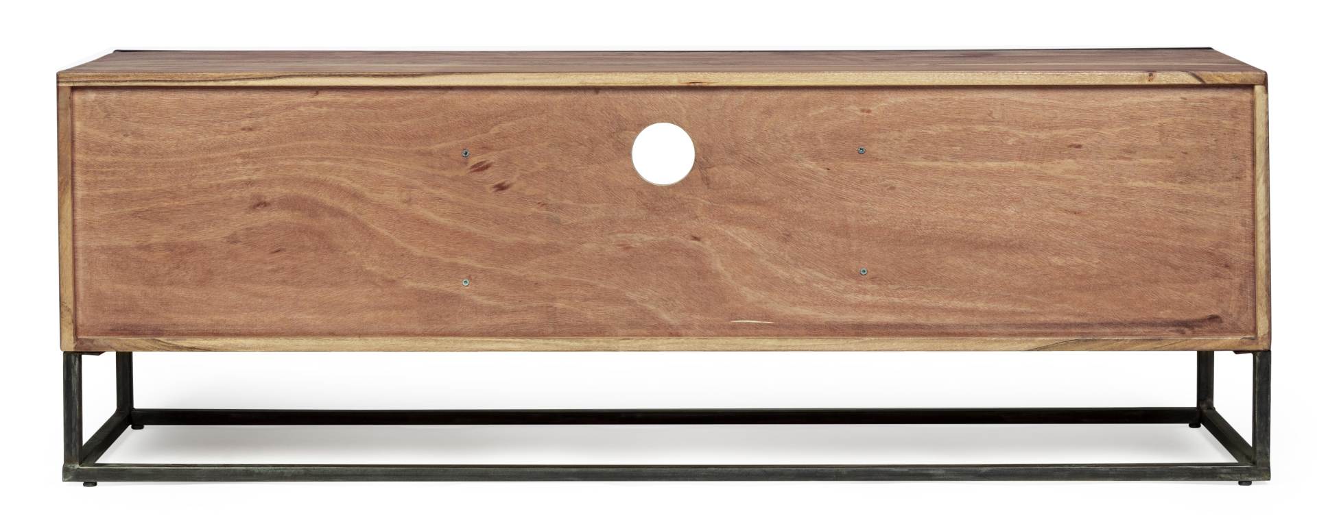 Das TV Board Egon überzeugt mit seinem modernen Design. Gefertigt wurde es aus Akazienholz, welches einen natürlichen Farbton besitzt. Das Gestell ist aus Metall und hat eine schwarze Farbe. Das TV Board verfügt über zwei Türen und eine Schublade. Die Bre