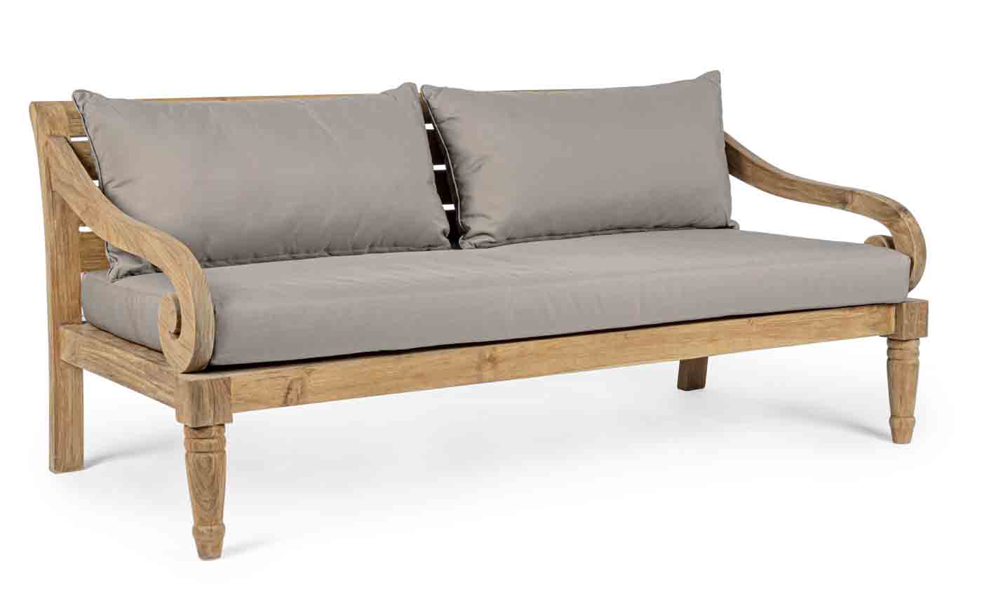 Das 2 Sitzer Sofa Karuba wird aus einem Gestell aus Teakholz gefertigt. Die Kissen sind abnehmbar und leicht zu reinigen