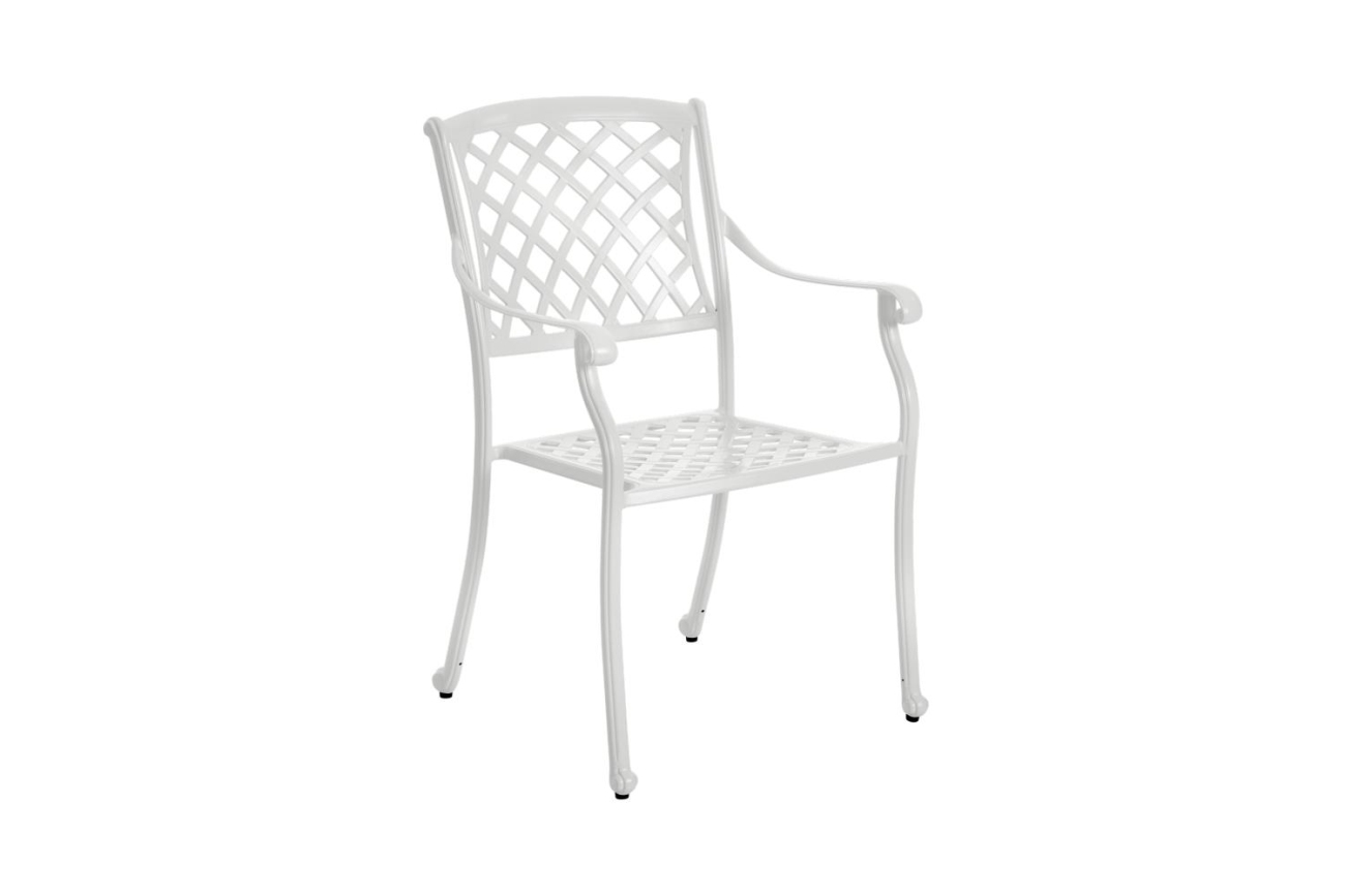 Der Gartenstuhl Arras überzeugt mit seinem modernen Design. Gefertigt wurde er aus Metall, welches einen weißen Farbton besitzt. Das Gestell ist aus Metall und hat eine weiße Farbe. Die Sitzhöhe des Sessels beträgt 43 cm.