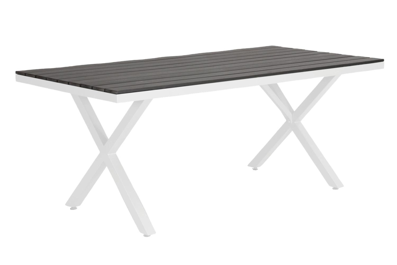 Der Gartenesstisch Leone überzeugt mit seinem modernen Design. Gefertigt wurde die Tischplatte aus Holz und hat eine graue Farbe. Das Gestell ist auch aus Metall und hat eine weiße Farbe. Der Tisch besitzt eine Länge von 200 cm.