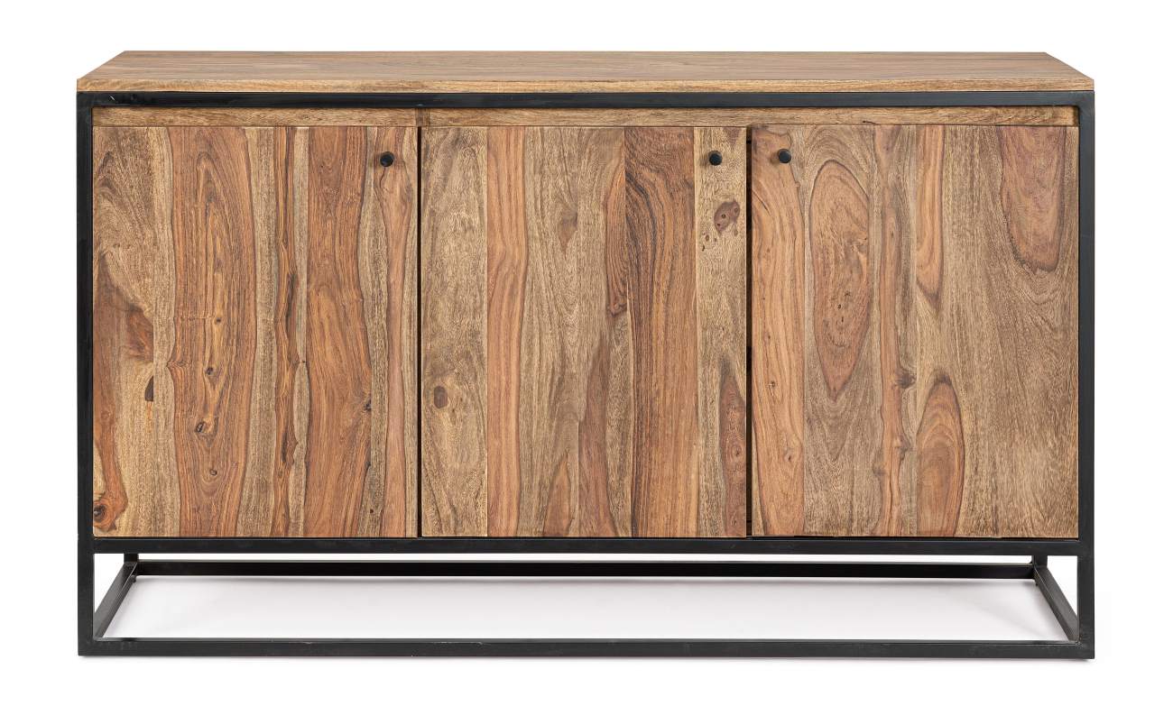 Das Sideboard Nartan überzeugt mit seinem modernen Stil. Gefertigt wurde es aus Sheesham-Holz, welches einen natürlichen Farbton besitzt. Das Gestell ist aus Metall und hat eine schwarze Farbe. Das Sideboard verfügt über drei Türen.
