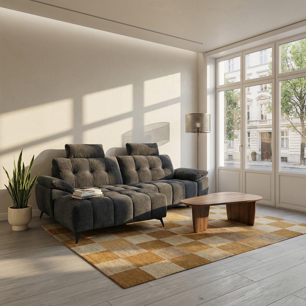 Ecksofa Odaloc Links Stoff Dunkelgrau - elektrische Fußstütze & USB-Port