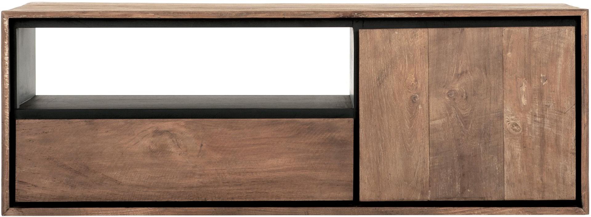 Das TV-Board Metropole überzeugt mit seinem massivem Design. Gefertigt wurde das Board aus recyceltem Teakholz, welches einen natürlichen Farbton besitzt. Das Gestell ist aus Metall und ist Schwarz. Das TV-Board verfügt über eine Tür und eine Schublade.