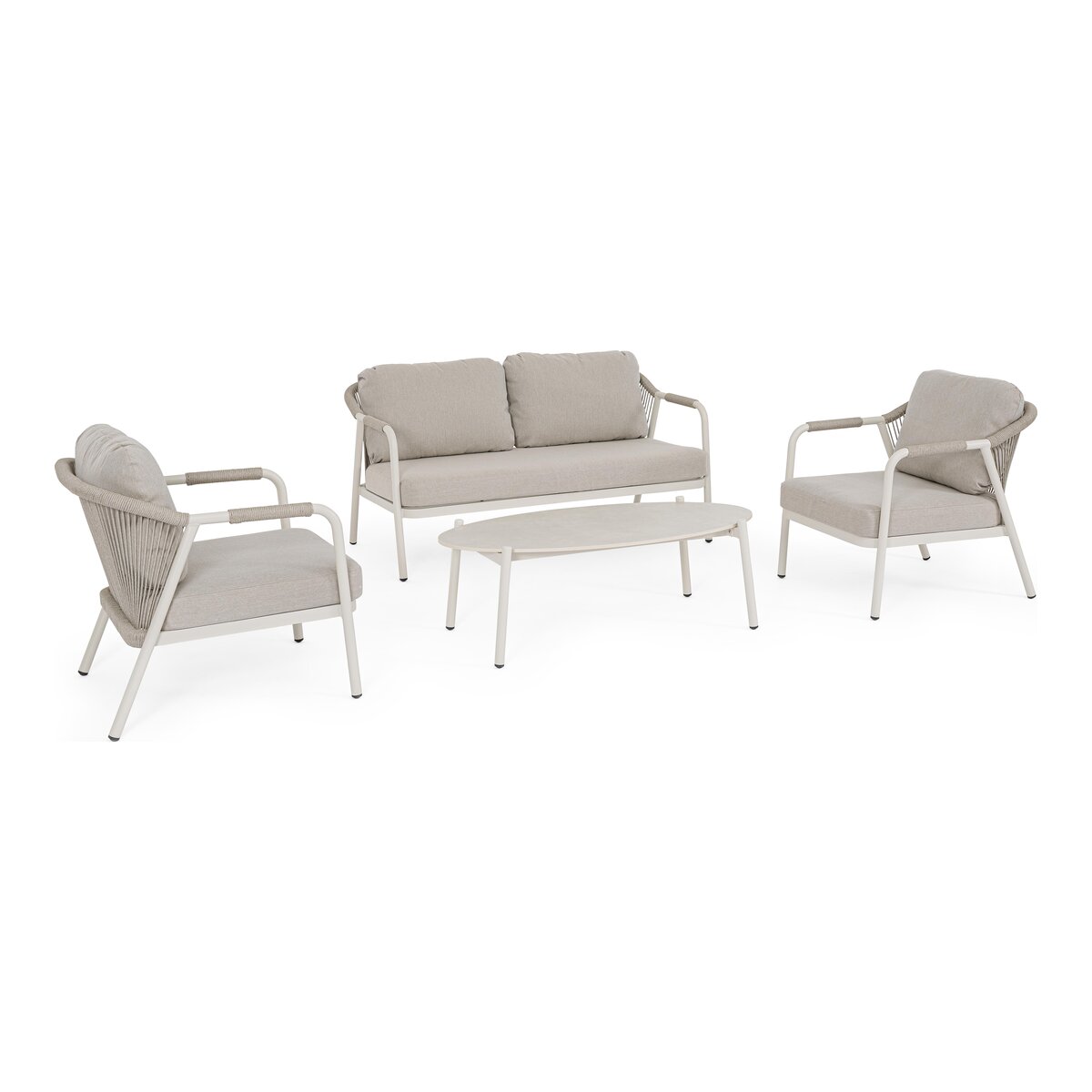 4er Set Garten-Set Miravet - Aluminium, Olefin-Seilgeflecht, Cremeweiß