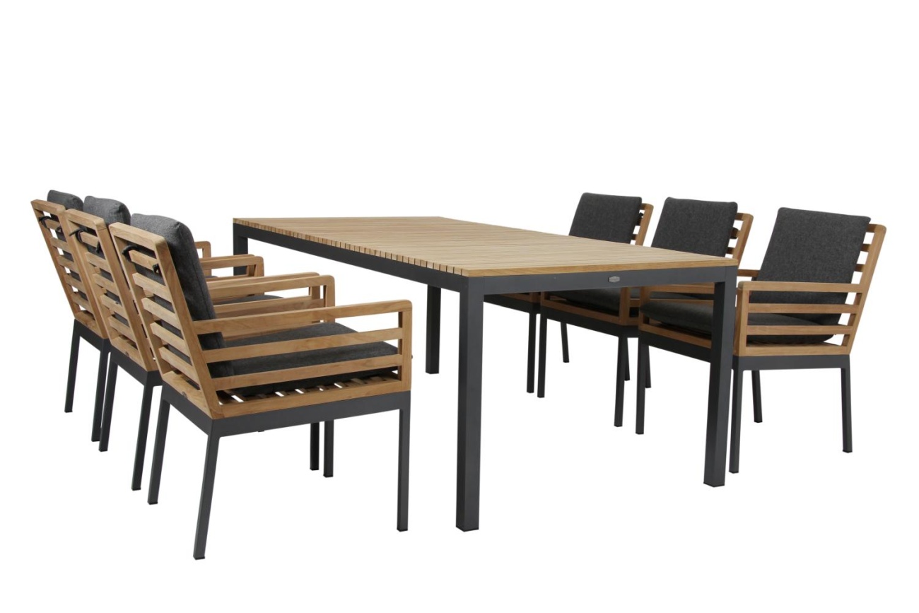 Der Gartenesstisch Zalongo überzeugt mit seinem modernen Design. Gefertigt wurde die Tischplatte aus Teakholz, welche einen natürlichen Farbton besitzt. Das Gestell ist auch aus Metall und hat eine Anthrazit Farbe. Der Tisch besitzt einen Durchmesser von 