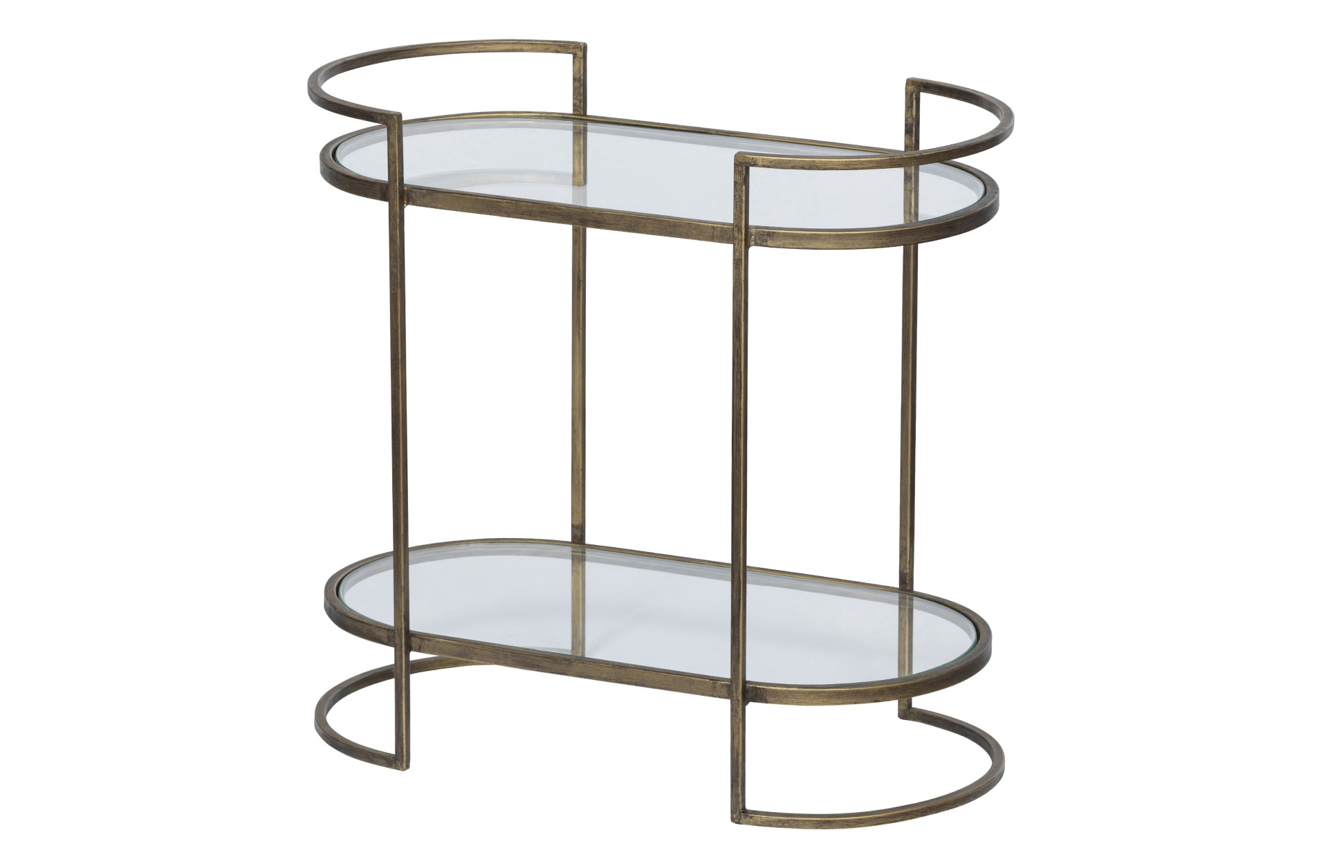 Der Beistelltisch Capital überzeugt mit seinem Klassischem Design. Gefertigt wurde der Tisch aus Metall, welches einen Messing Farbton besitzt. Der Tisch verfügt über zwei Fächer, welche einen Boden aus Glas besitzen.