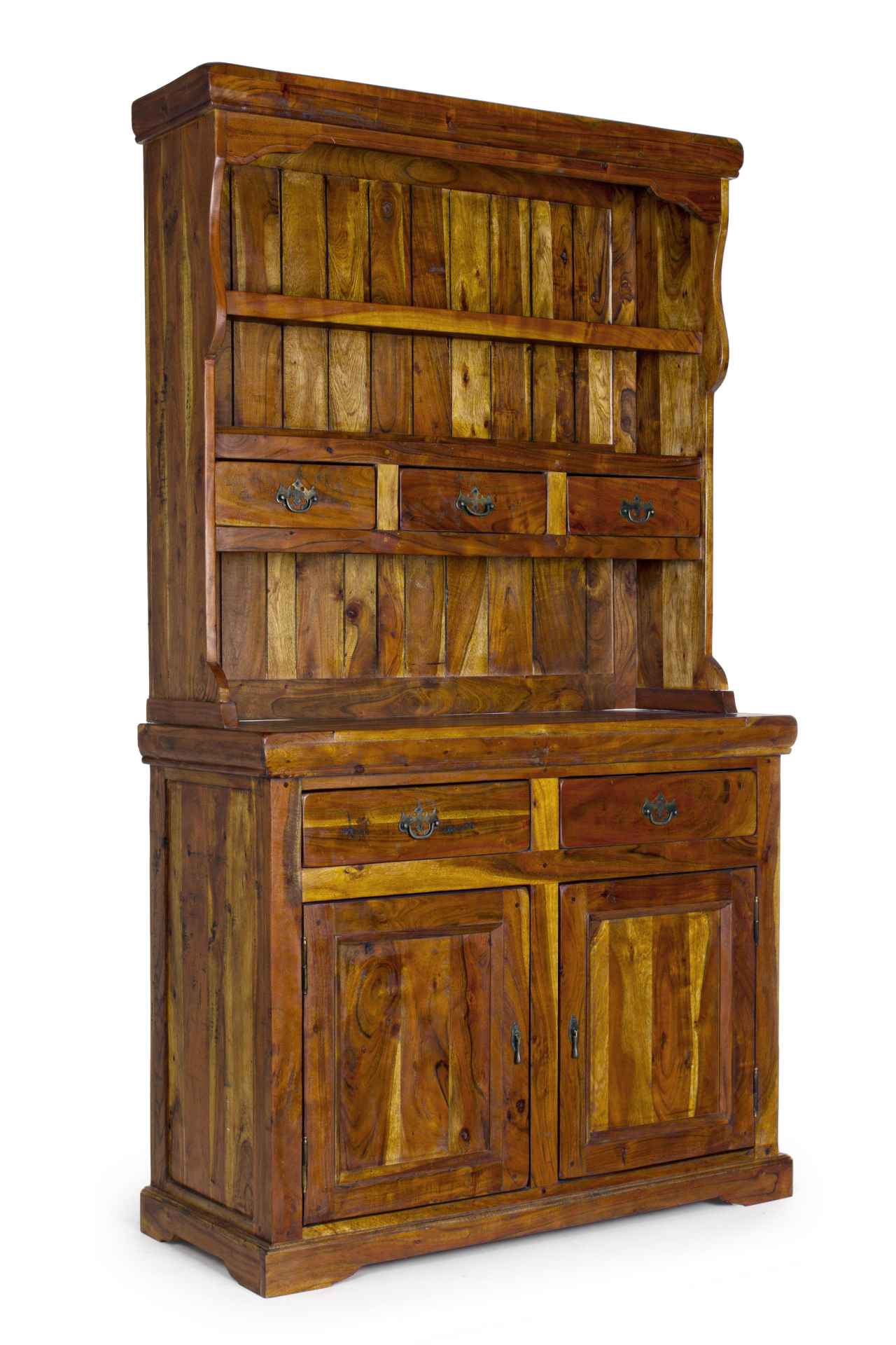 Der Schrank Chateaux überzeugt mit seinem klassischen Design. Gefertigt wurde er aus Akazien-Holz, welches einen natürlichen Farbton besitzt. Das Gestell ist auch aus Akazien-Holz. Der Schrank verfügt über zwei Türen und fünf Schubladen. Die Höhe beträgt 