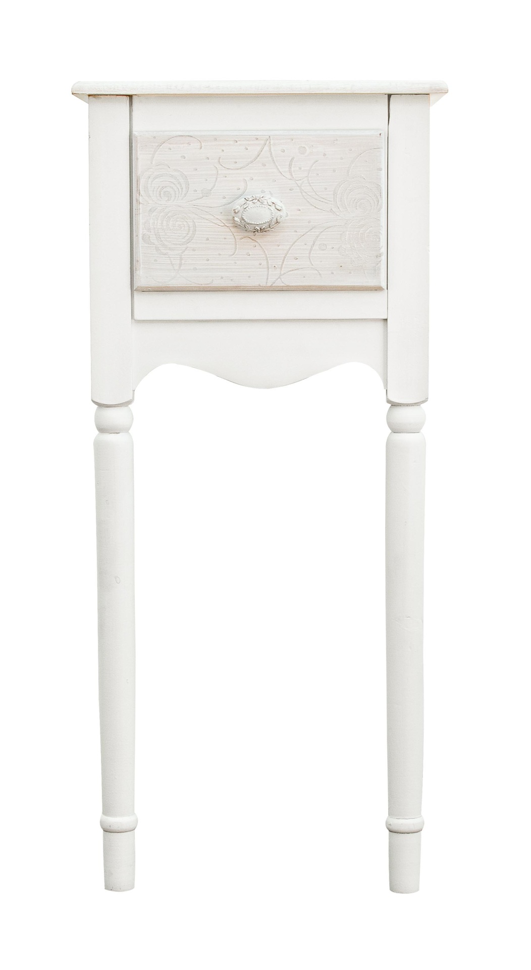 Der Nachttisch Clorinne überzeugt mit seinem klassischen Design. Gefertigt wurde er aus MDF, welches einen weißen Farbton besitzt. Das Gestell ist auch aus MDF. Der Nachttisch verfügt über eine Schublade. Die Breite beträgt 33 cm.