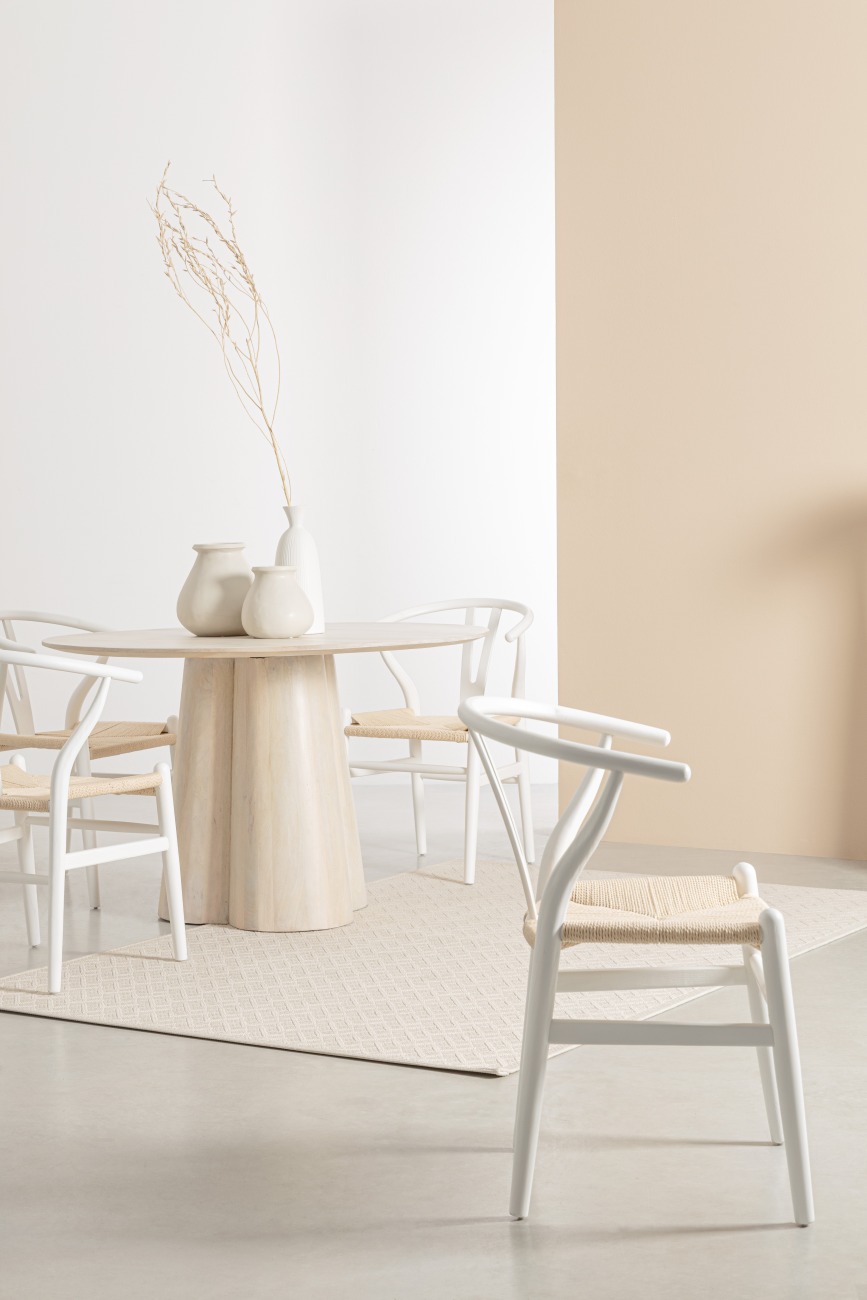Der Esszimmerstuhl Artas überzeugt mit seinem modernen Stil. Gefertigt wurde er aus Seilen, welche einen natürlichen Farbton besitzt. Das Gestell ist aus Ulmenholz und hat ein weiße Farbe. Der Stuhl besitzt eine Sitzhöhe von 46 cm.