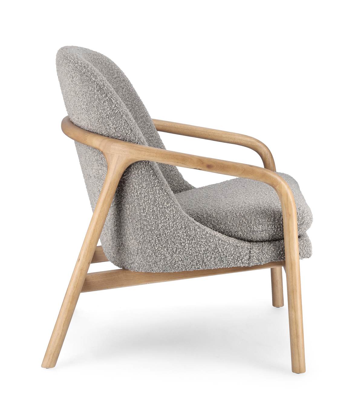 Der Sessel Elaide überzeugt mit seinem modernen Stil. Gefertigt wurde er aus Bouclè-Stoff, welcher einen grauen Farbton besitzt. Das Gestell ist aus Kautschukholz und hat eine natürliche Farbe. Der Sessel verfügt über eine Armlehne.