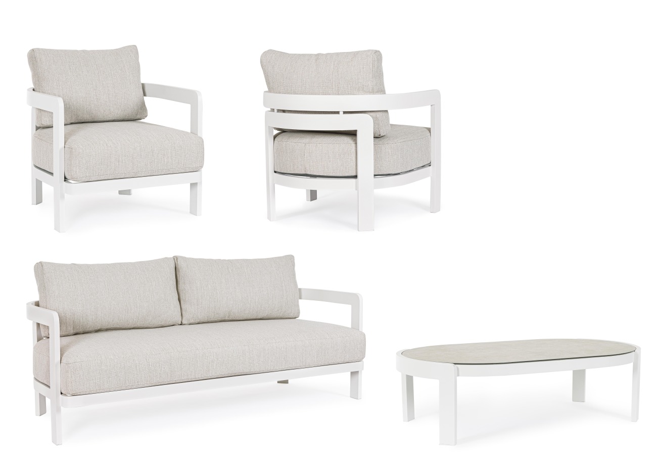 Das Garten-Set Presly überzeugt mit seinem modernen Design. Gefertigt wurde es aus Aluminium, welches einen weißen Farbton besitzt. Das Gestell ist auch aus Aluminium. Das Set besteht aus einem Sofa, zwei Sesseln und einem Couchtisch..