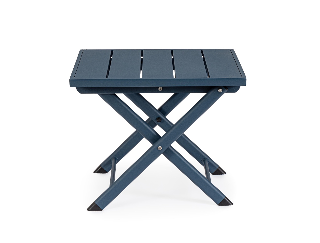 Der Gartenbeistelltisch Taylor überzeugt mit seinem modernen Design. Gefertigt wurde er aus Aluminium, welches einen blauen Farbton besitzt. Das Gestell ist auch aus Aluminium. Der Tisch besitzt eine Größe von 44x43 cm. Der Tisch ist klappbar.