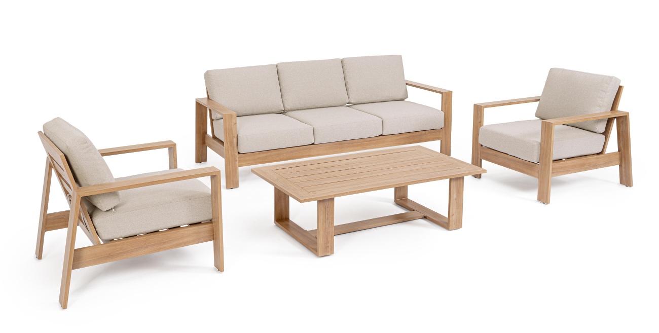 Das Garten-Set Baltic überzeugt mit seinem modernen Design. Gefertigt wurde es aus Aluminium, welches einen natürlichen Holz Farbton besitzt. Das Gestell ist auch aus Aluminium. Das Set besteht aus einem Sofa, zwei Sesseln und einem Couchtisch.