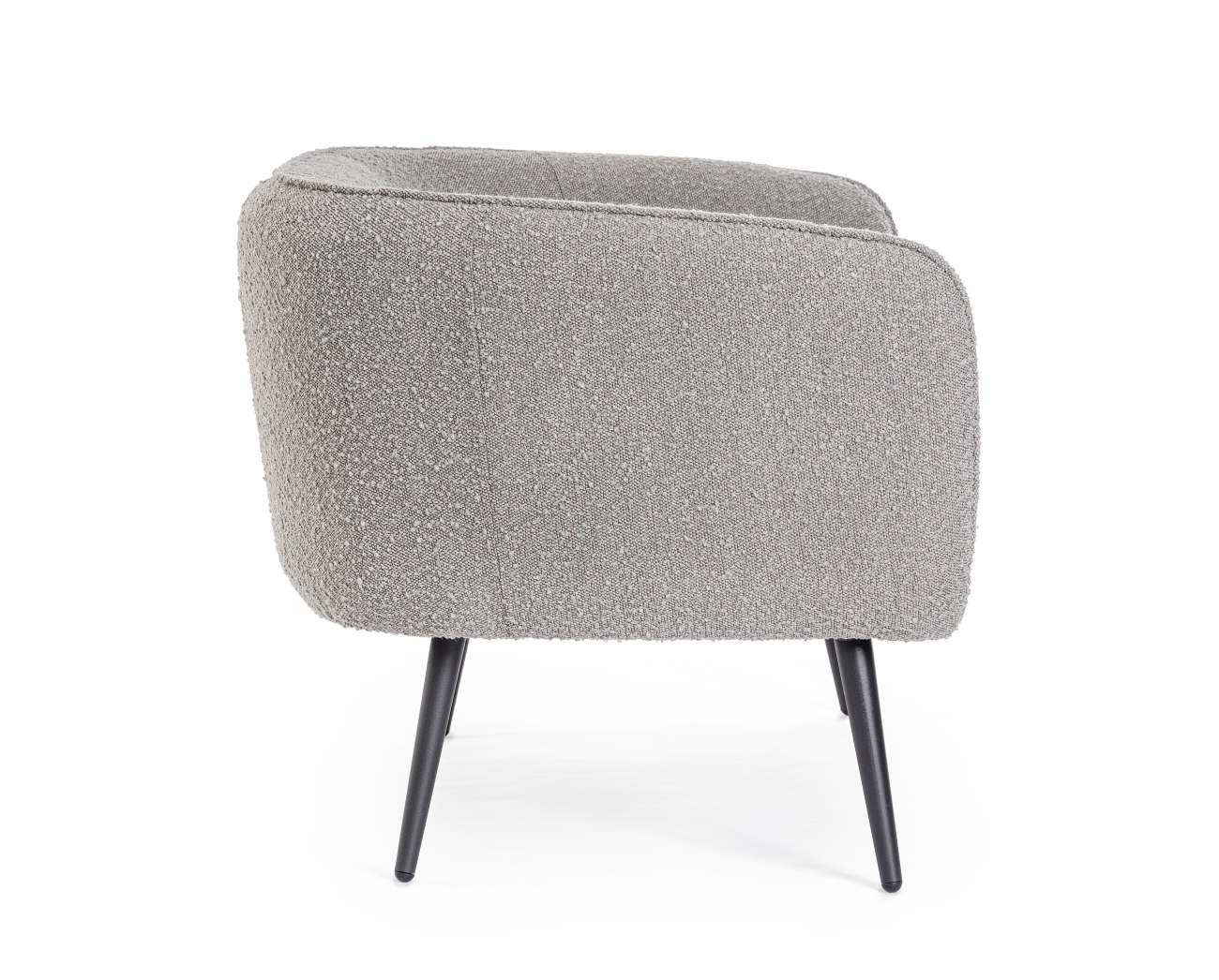 Das Sofa Avril überzeugt mit seinem modernen Stil. Gefertigt wurde es aus Bouclè-Stoff, welcher einen grauen Farbton besitzt. Das Gestell ist aus Metall und hat eine schwarze Farbe. Das Sofa ist in der Ausführung 2-Sitzer.