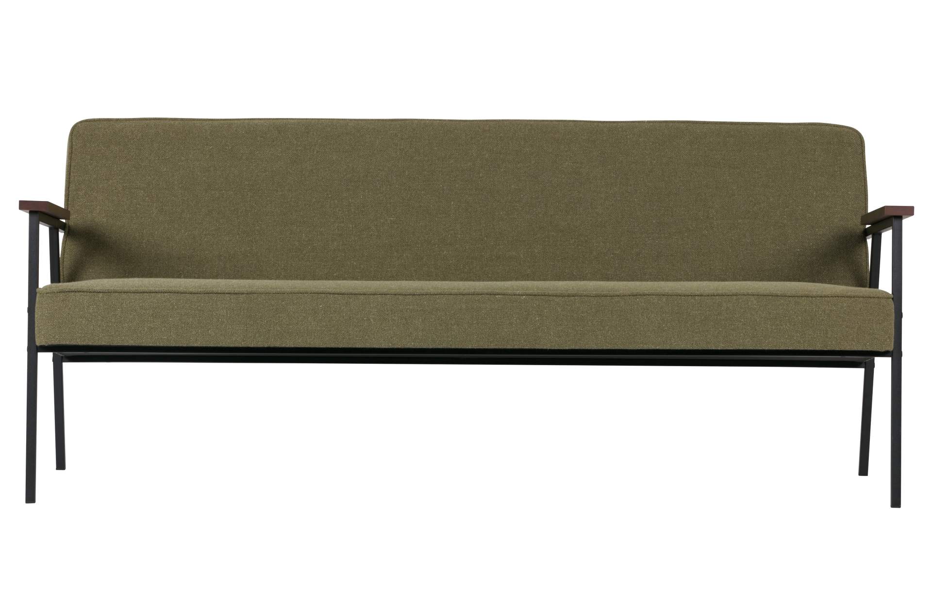 Das 2-Sitzer Sofa Elizabeth überzeugt mit seinem Retro Design. Gefertigt wurde aus einem Stoff Bezug, welcher einen Olive Grünen Farbton besitzt. Das Gestell ist aus Metall und ist schwarz.