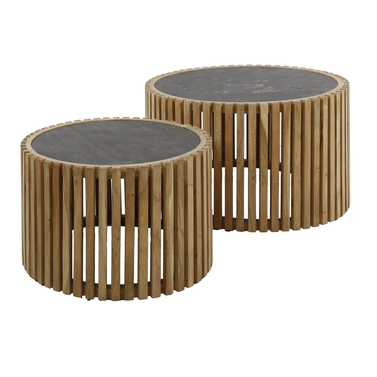 2er-Set Couchtisch Schiefer - Gestell in Akazienholz Natur, Rund