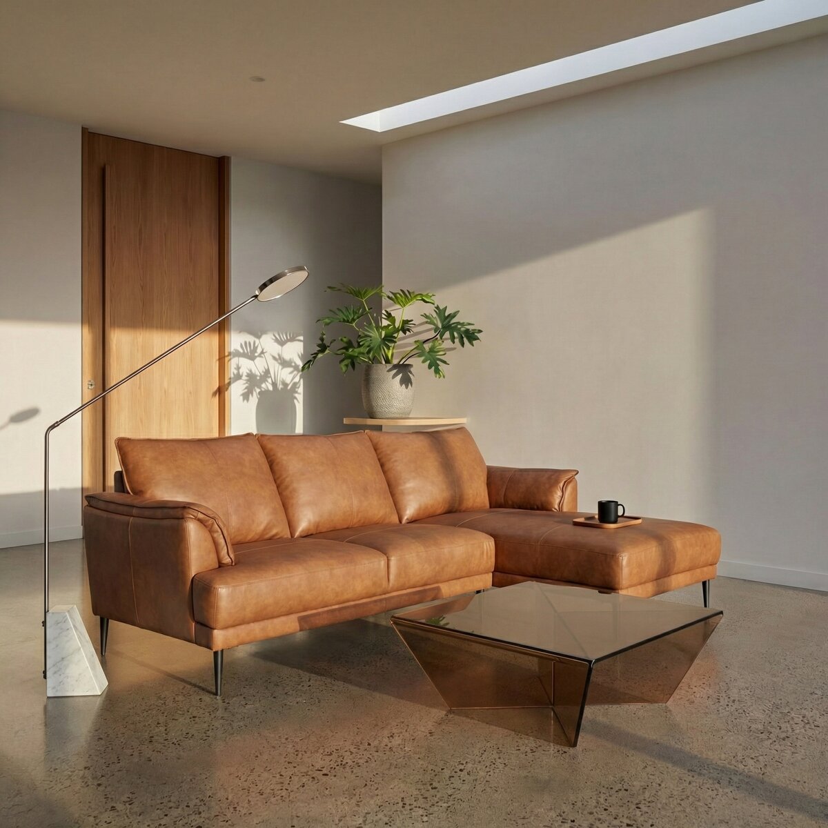 Ecksofa Luso Cognac Echtleder - Rechte Recamiere, Taschenfederkern & Metallfüßen