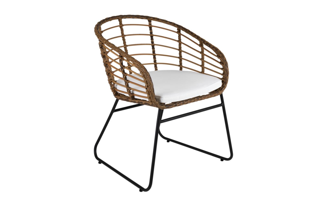 Der Gartenstuhl Covelo überzeugt mit seinem modernen Design. Gefertigt wurde er aus Rattan, welches einen natürlichen Farbton besitzt. Das Gestell ist aus Metall und hat eine schwarze Farbe. Die Sitzhöhe des Stuhls beträgt 49 cm.