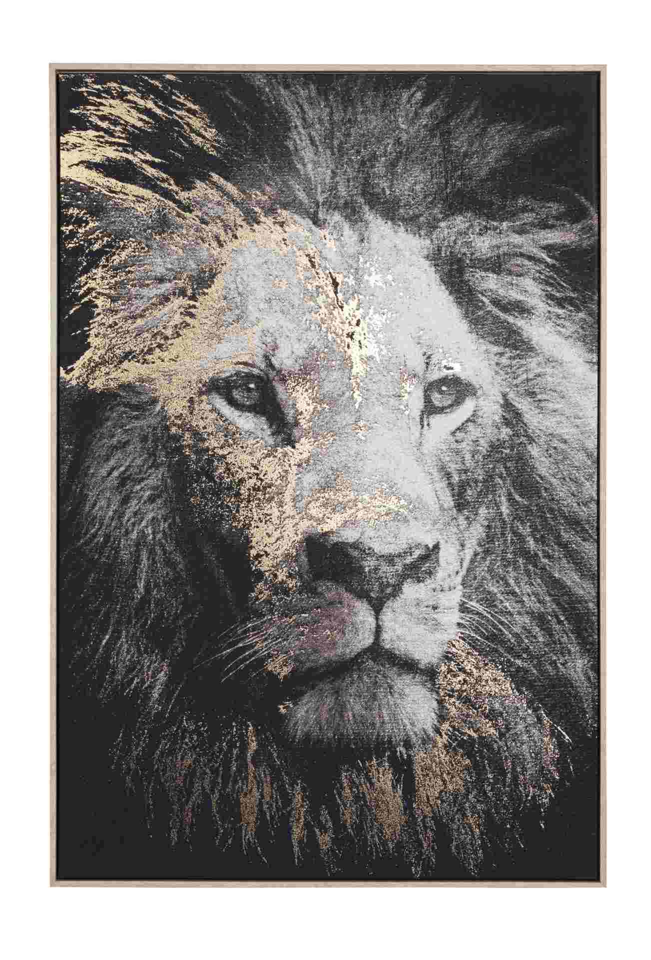 Das Bild Golden Lion überzeugt mit ihrem klassischen Design. Das Bild verfügt über einen Druck auf Leinwand. Das Gestell und Rahmen sind aus MDF. Die Maße sind 82x122 cm.