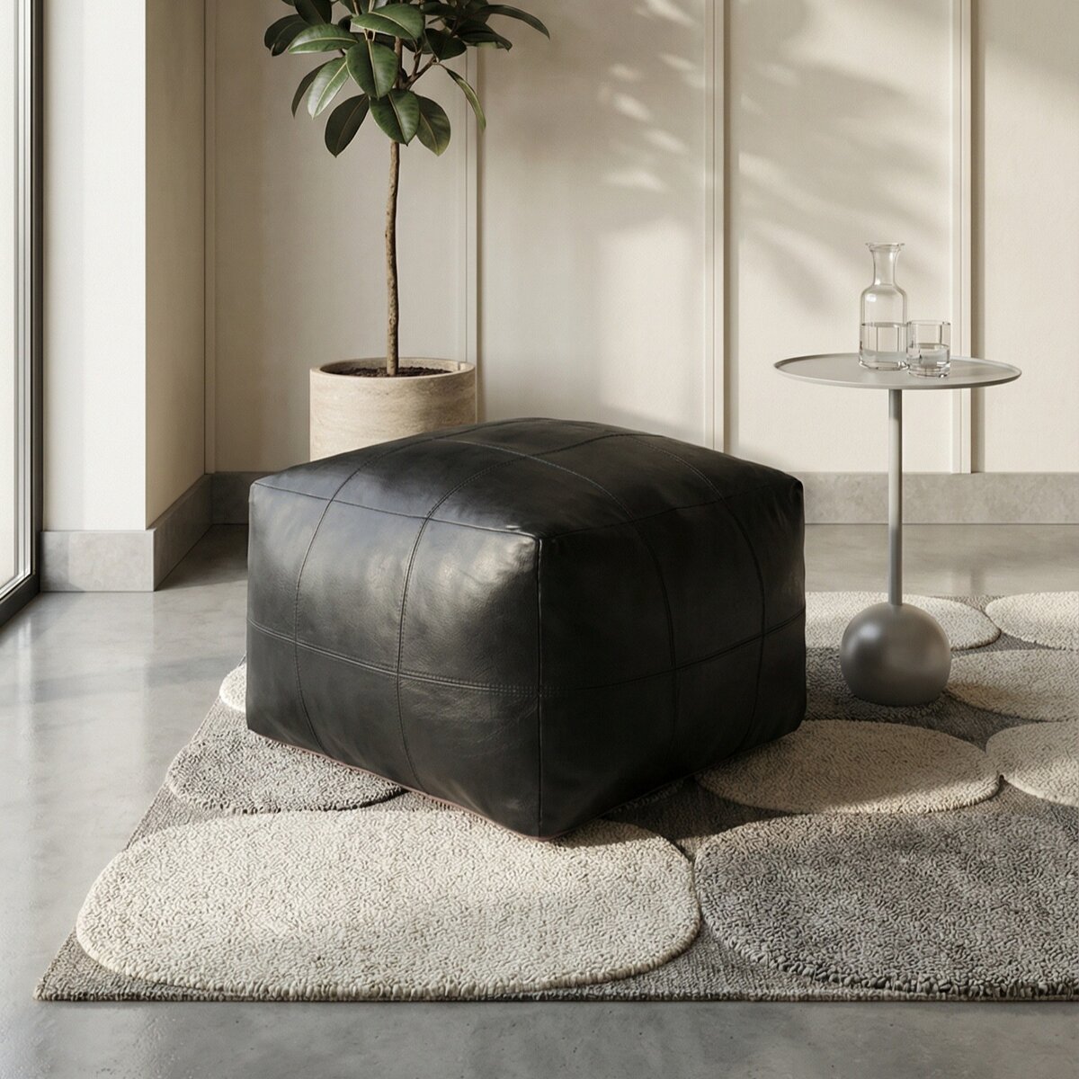 Pouf Anneta aus Leder 60x60 cm, Schwarz