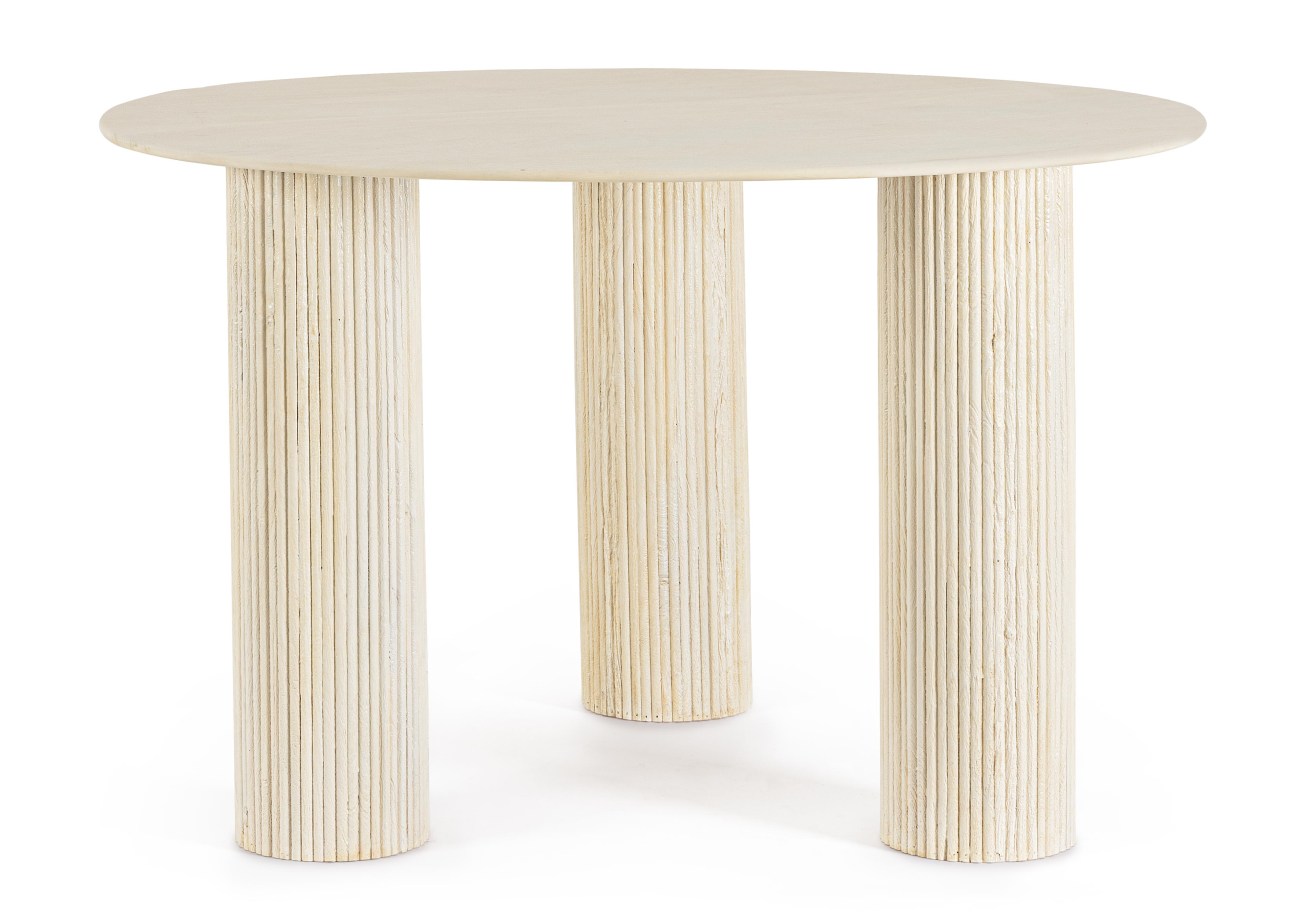 Der Esstisch Dacca überzeugt mit seinem modernen Stil. Gefertigt wurde er aus Mangoholz, welches einen creme Farbton besitzt. Das Gestell ist auch aus Mangoholz und hat eine creme Farbe. Der Tisch besitzt einen Durchmesser von 120 cm