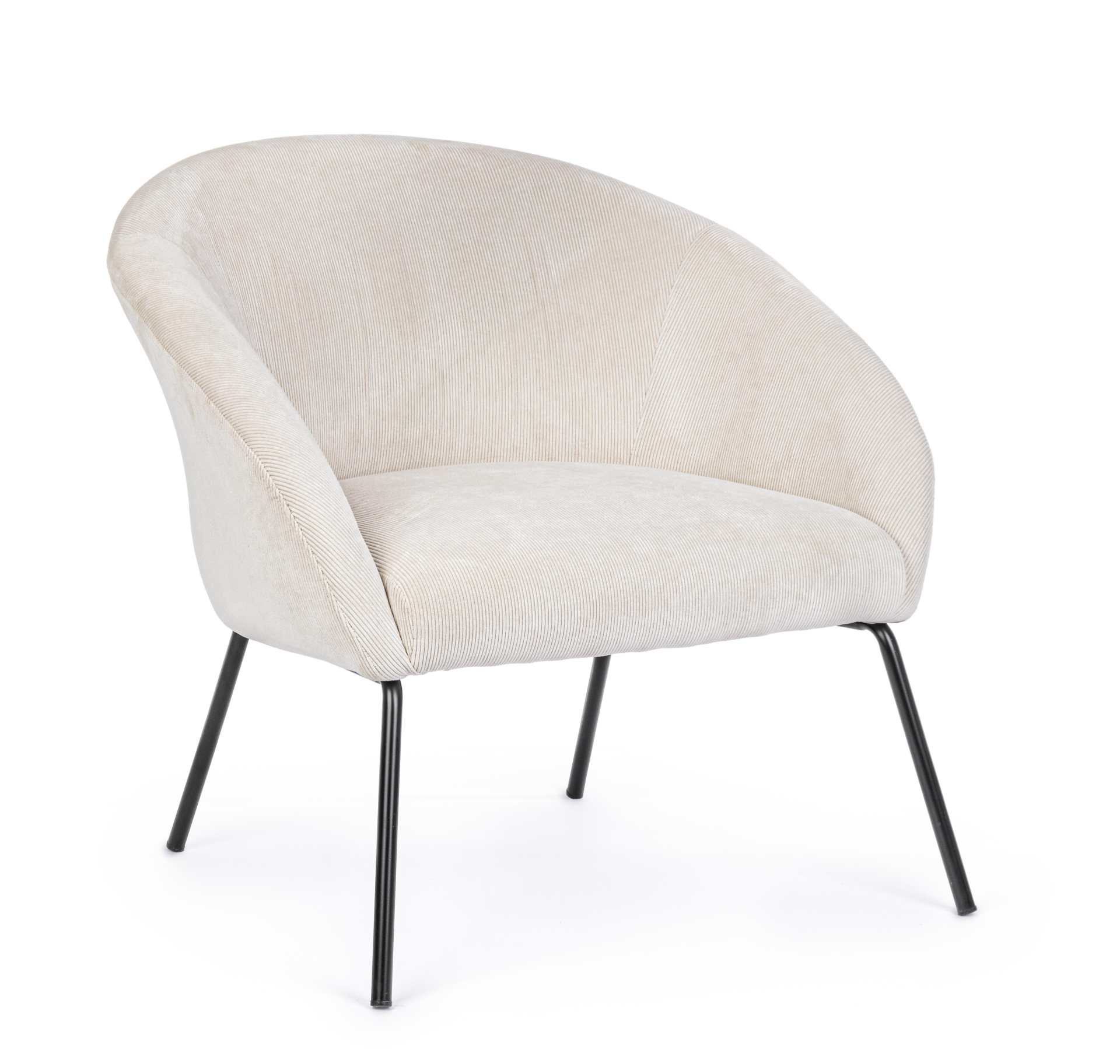 Der Sessel Aiko überzeugt mit seinem modernen Design. Gefertigt wurde er aus Stoff in Cord-Optik, welcher einen weißen Farbton besitzt. Das Gestell ist aus Metall und hat eine schwarze Farbe. Der Sessel besitzt eine Sitzhöhe von 45 cm. Die Breite beträgt 