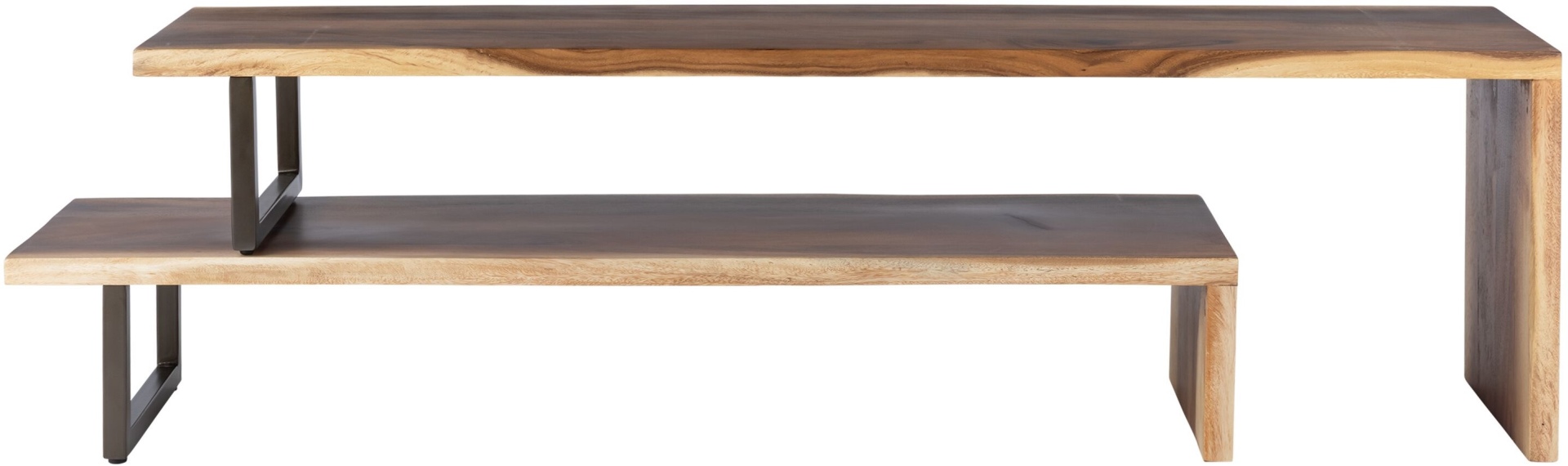 Das TV-Board Flare wurde aus Suar Holz gefertigt, welche einen natürlichen Farbton besitzen. Das Gestell ist aus Metall und ist schwarz. Das Board verfügt über zwei offene Fächer. Es überzeugt mit seinem massivem aber auch modernem Design. Das Board ist a