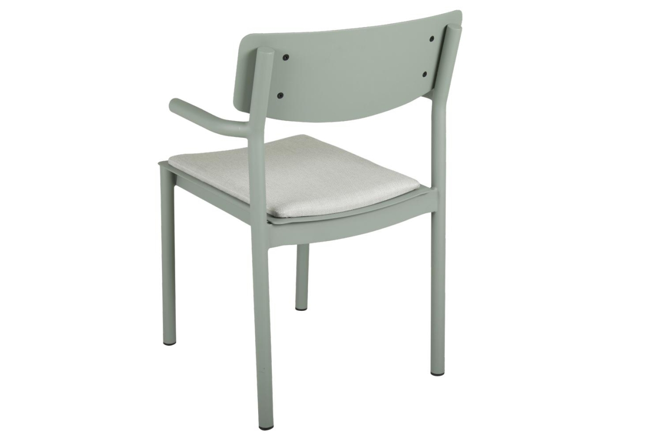 Der Gartenstuhl Gusty überzeugt mit seinem modernen Design. Gefertigt wurde er aus Stoff, welches einen hellgrauen Farbton besitzt. Das Gestell ist aus Metall und hat eine grüne Farbe. Die Sitzhöhe des Stuhls beträgt 47 cm.