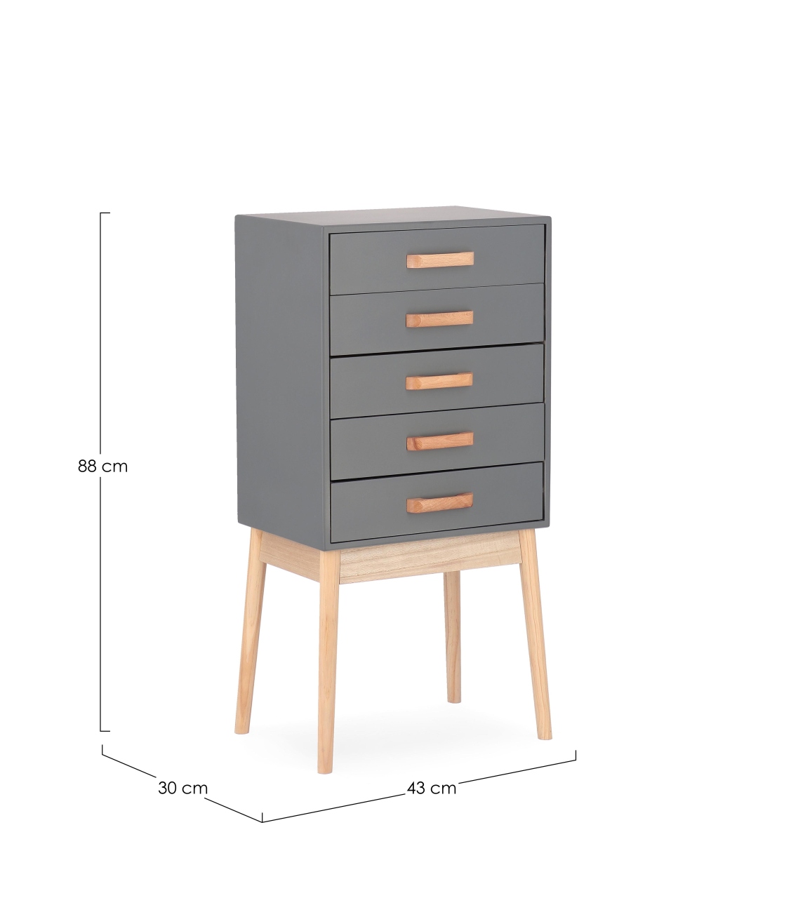 Kommode Ordinary aus Kiefernholz Grau, 5 Schubladen