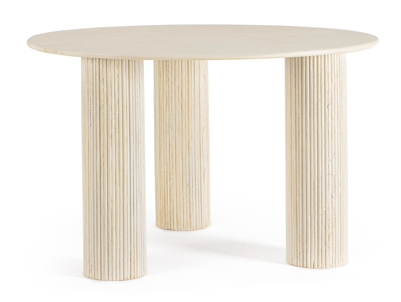 Der Esstisch Dacca überzeugt mit seinem modernen Stil. Gefertigt wurde er aus Mangoholz, welches einen creme Farbton besitzt. Das Gestell ist auch aus Mangoholz und hat eine creme Farbe. Der Tisch besitzt einen Durchmesser von 120 cm