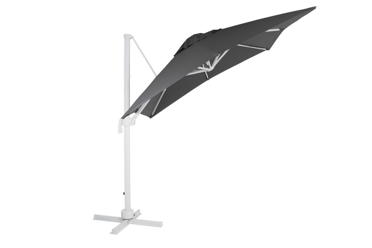 Der Sonnenschirm Linz überzeugt mit seinem modernen Design. Gefertigt wurde er aus Kunstfasern, welcher einen grauen Farbton besitzt. Das Gestell ist aus Metall und hat eine weiße Farbe. Der Schirm hat einen Durchmesser von 300 cm.