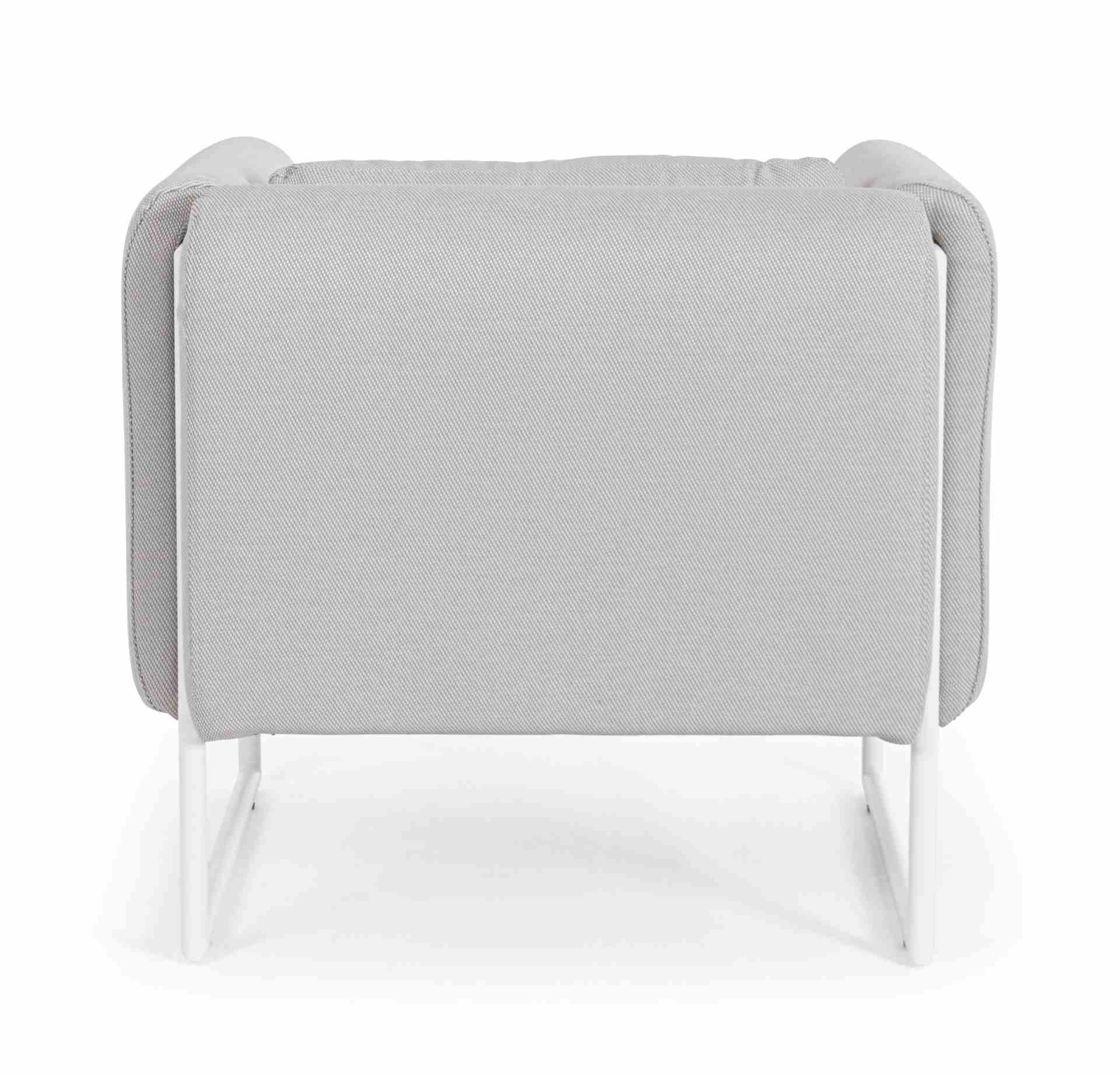 Der Gartensessel Pixel überzeugt mit seinem modernen Design. Gefertigt wurde er aus Olefin-Stoff, welcher einen grauen Farbton besitzt. Das Gestell ist aus Aluminium und hat eine weiße Farbe. Der Sessel verfügt über eine Sitzhöhe von 42 cm und ist für den