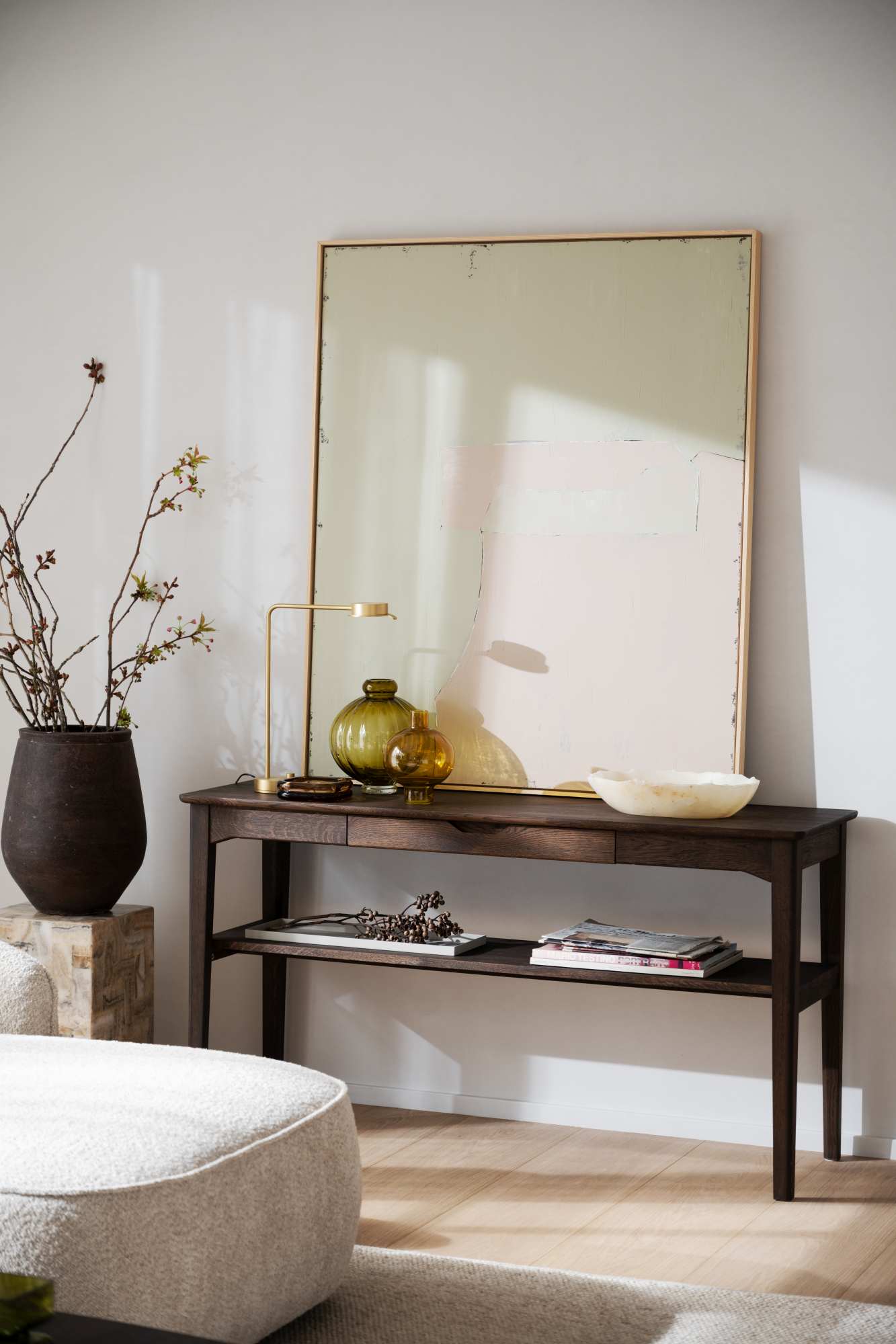 Komfortabel & schön – Konsole Markham mit Schublade, 140x40x75cm, Eiche Braun.