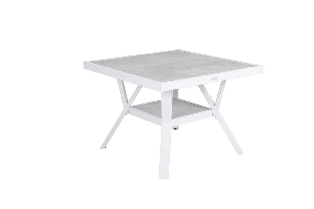 Der Gartentisch Samvaro überzeugt mit seinem modernen Design. Gefertigt wurde die Tischplatte aus Granit und hat einen hellgrauen Farbton. Das Gestell ist aus Metall und hat eine weiße Farbe. Der Tisch besitzt eine Länge von 90 cm.